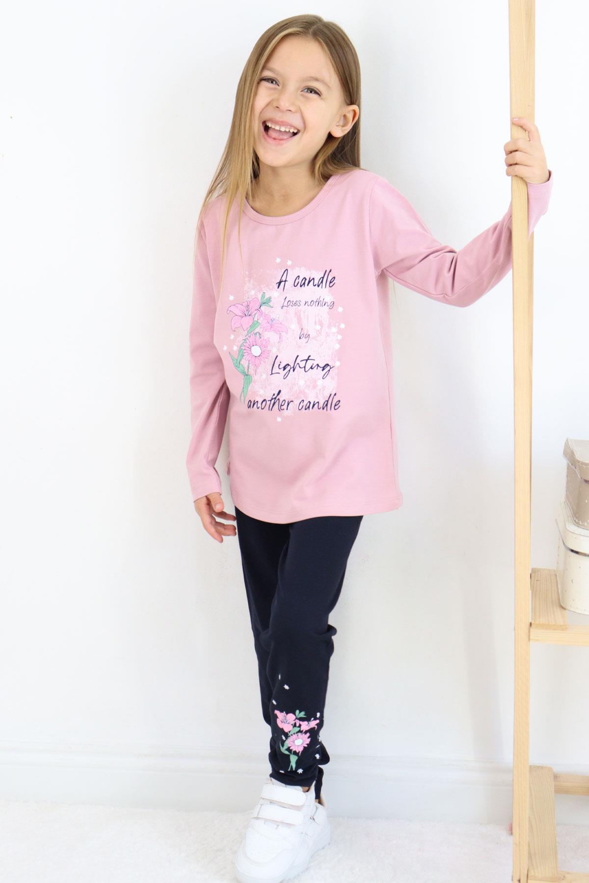 Breeze Kız Çocuk Taytlı Takım Yazı & Çiçek Baskılı Lila (6-10 Yaş)