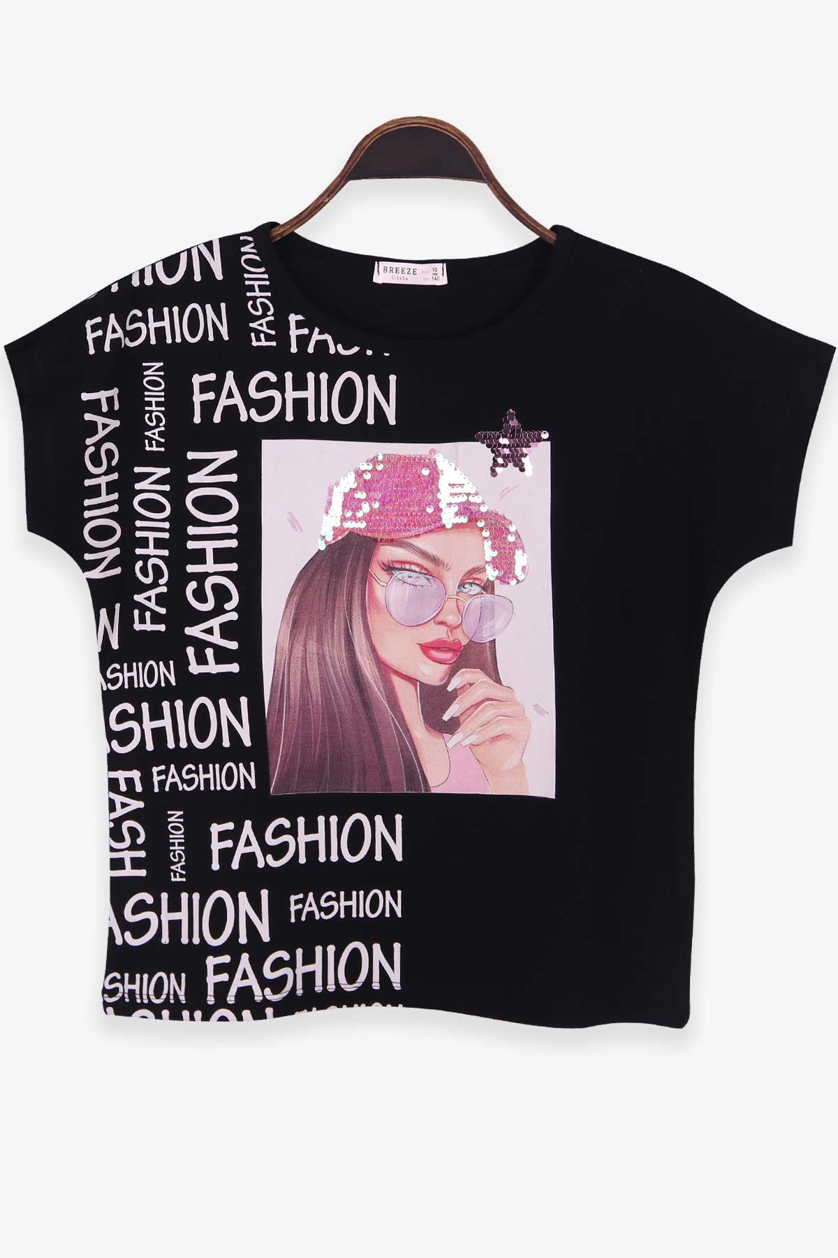Breeze Kız Çocuk Tişört Baskılı Reglan Kol Siyah (10-16 Yaş)