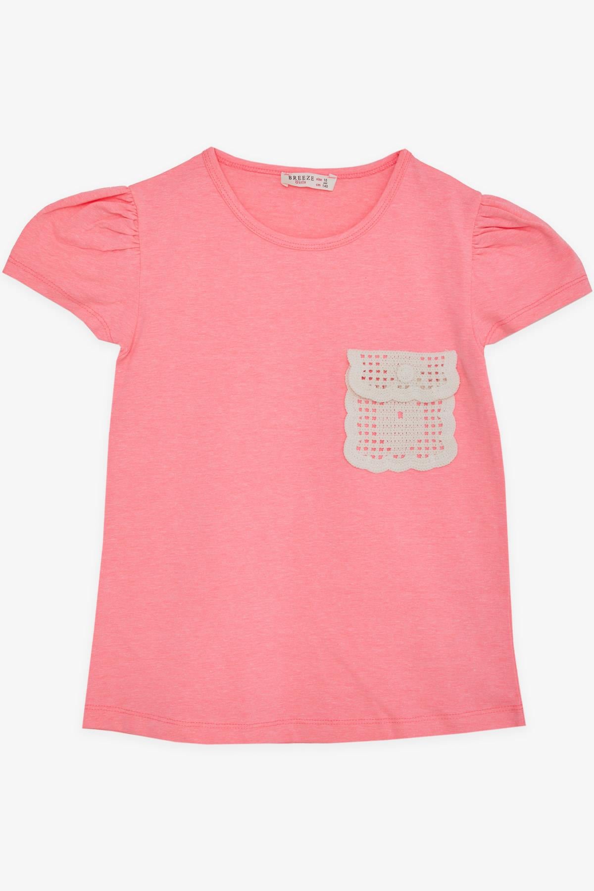 Breeze Kız Çocuk Tişört Cebi Örgü Detaylı Neon Pembe (6-12 Yaş)