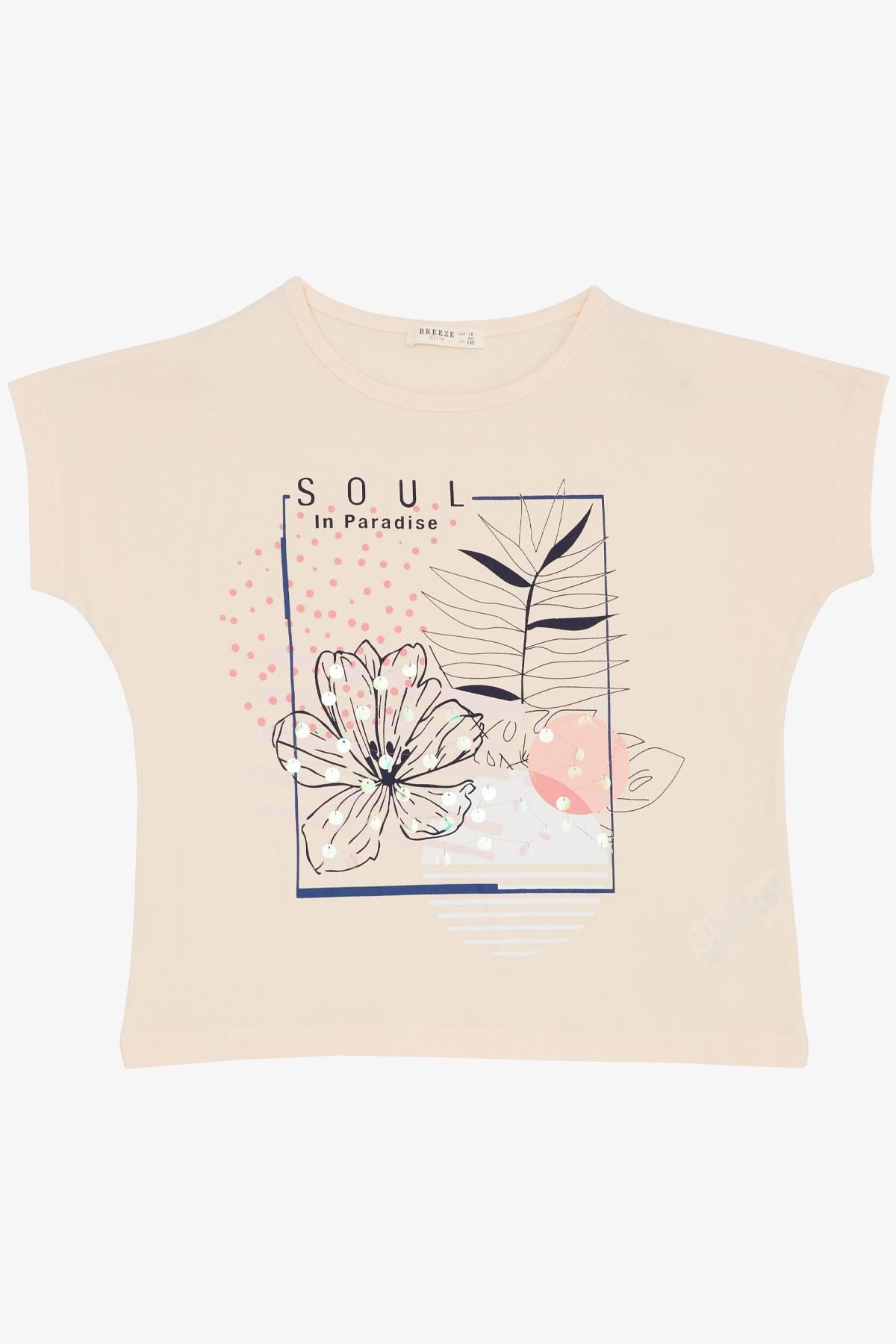 Breeze Kız Çocuk Tişört Çiçek Baskılı Pullu Pudra (10-16 Yaş)