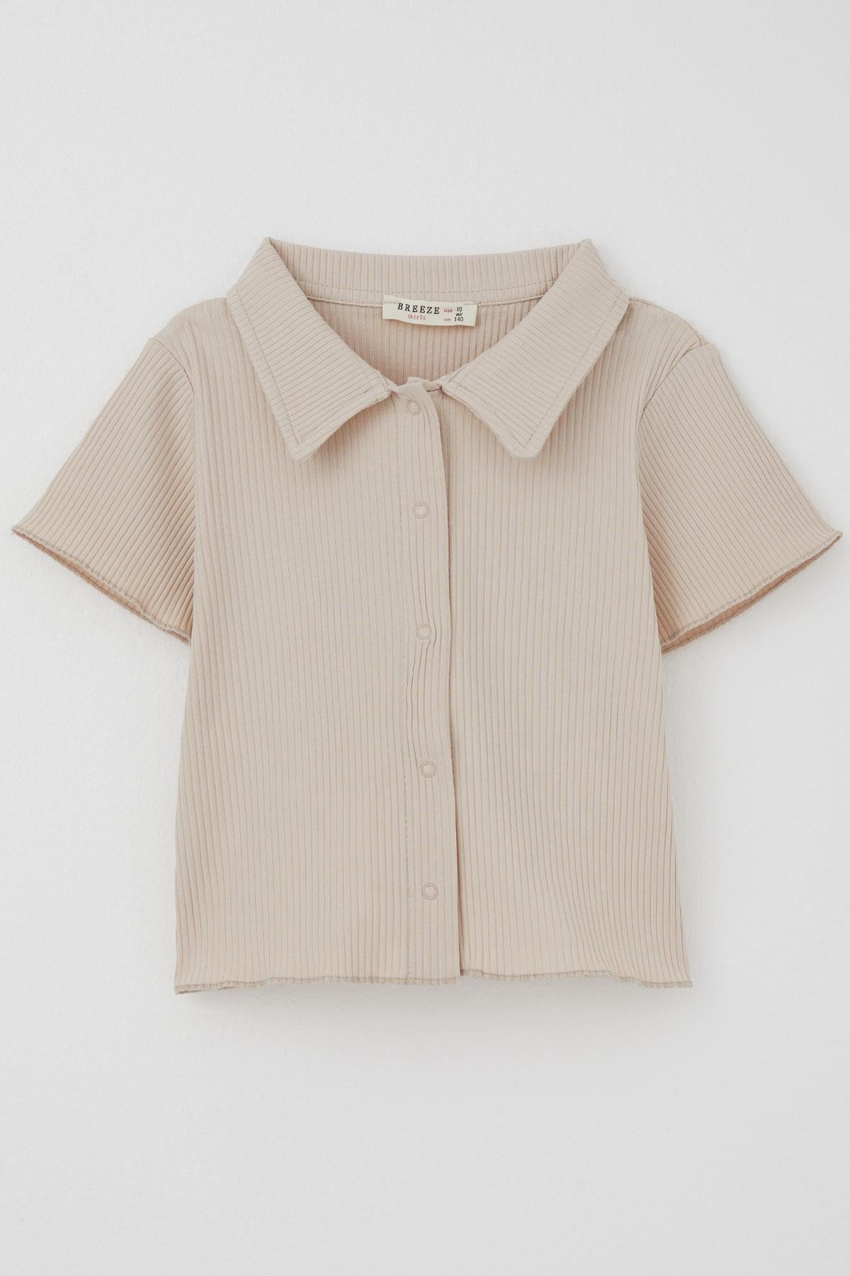 Breeze Kız Çocuk Tişört Crop Çıtçıtlı Fitilli Bej (9-14 Yaş)