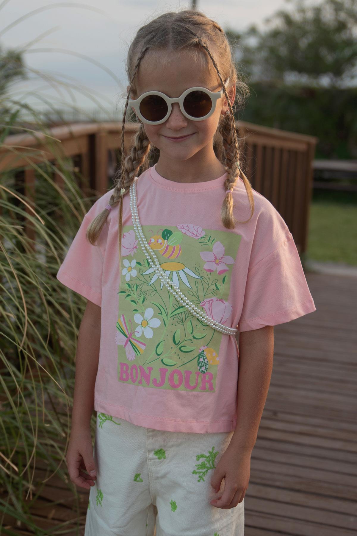 Breeze Kız Çocuk Tişört Crop Doğa Temalı Hayvancık Baskılı Somon (6-12 Yaş)