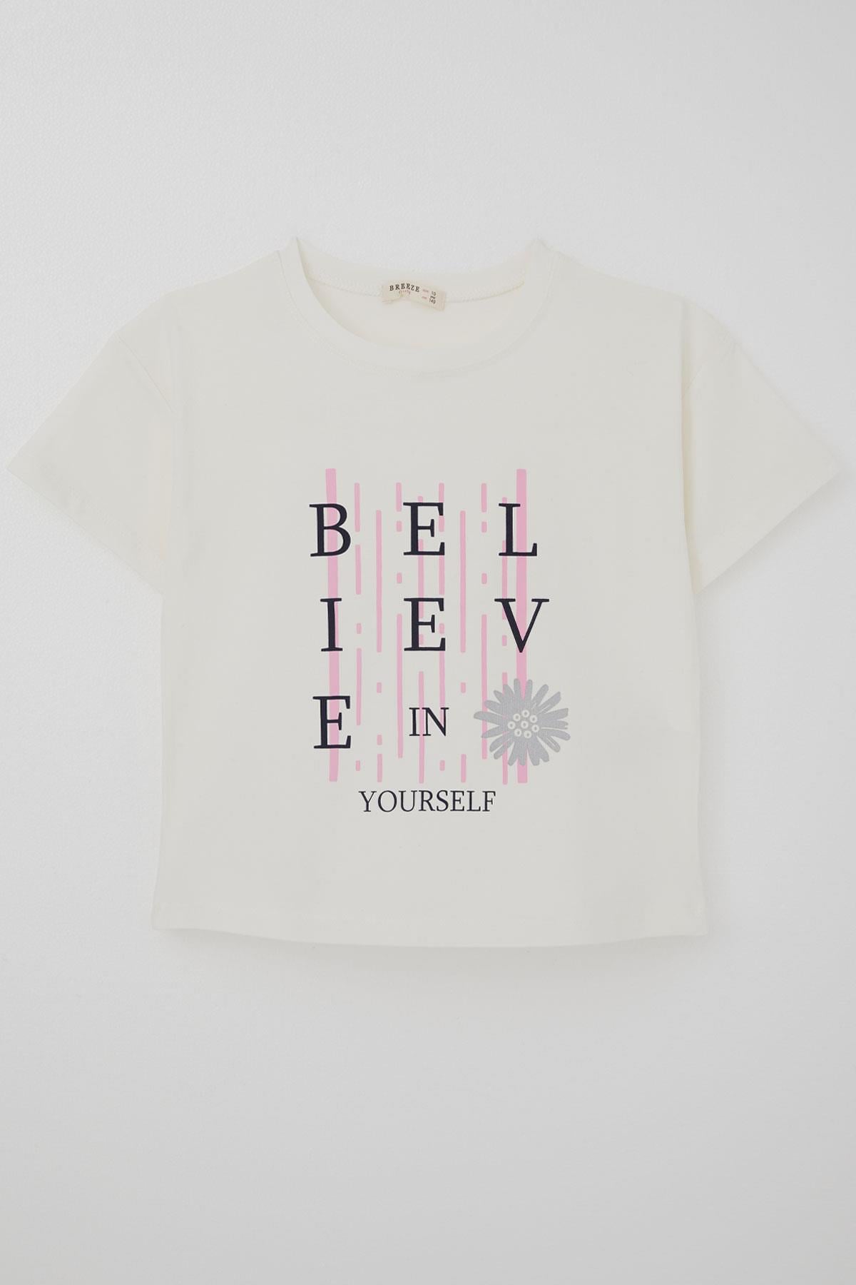 Breeze Kız Çocuk Tişört Crop Slogan Temalı Çiçek Baskılı Ekru (9-14 Yaş)