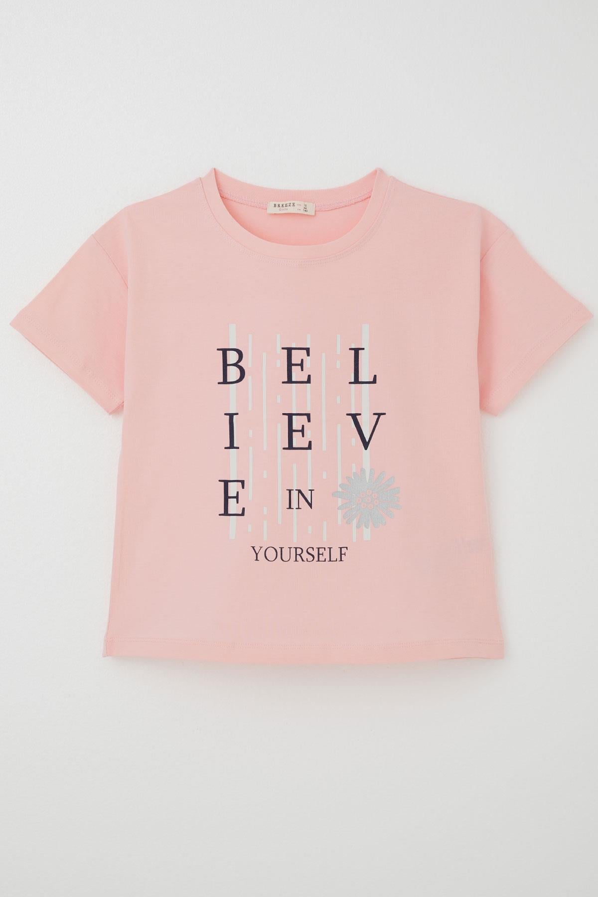 Breeze Kız Çocuk Tişört Crop Slogan Temalı Çiçek Baskılı Pembe (9-14 Yaş)
