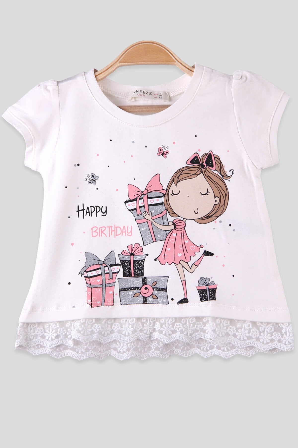 Breeze Kız Çocuk Tişört Dantelli Simli Ekru (1-4 Yaş)