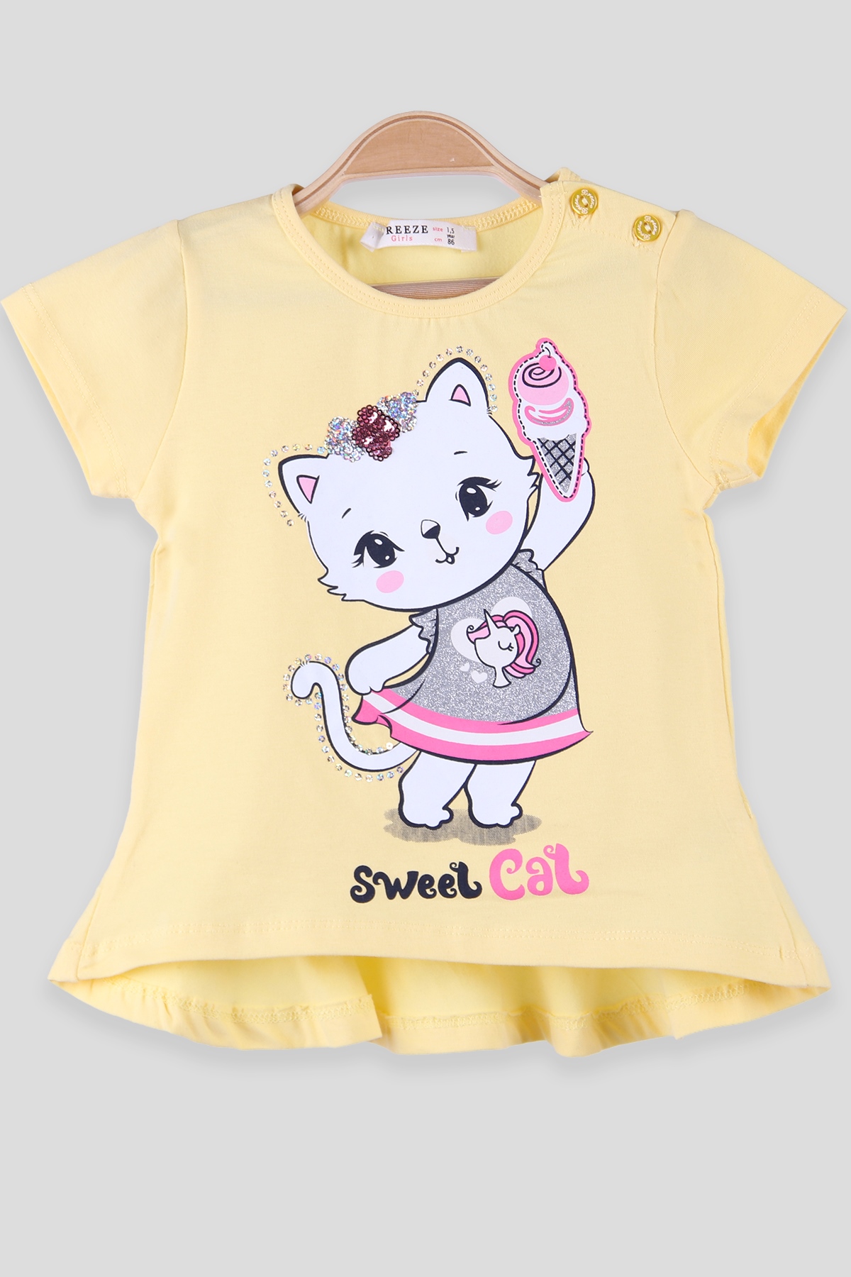 Breeze Kız Çocuk Tişört Dondurmalı Kedi Sarı (1.5-5 Yaş)