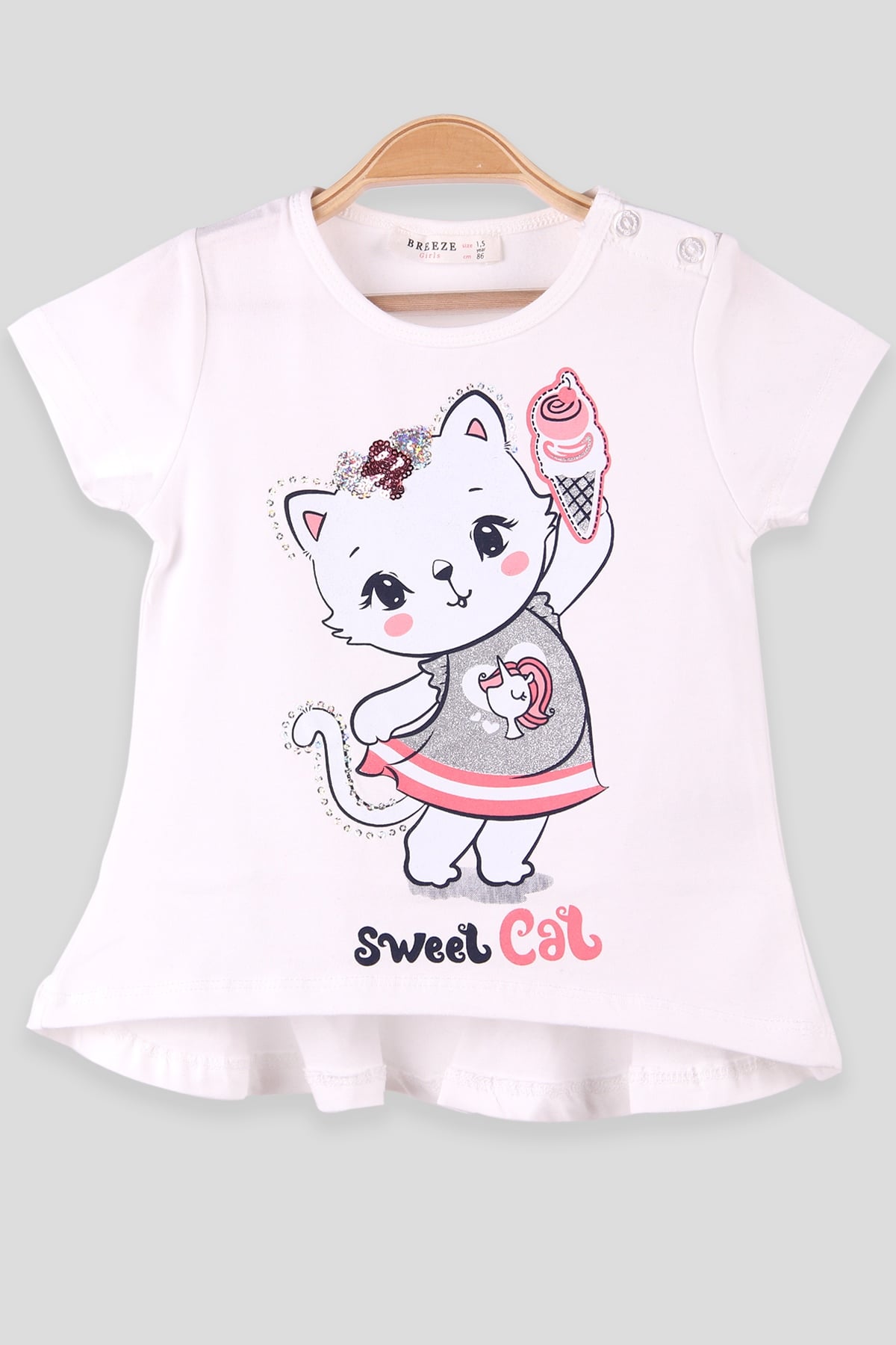 Breeze Kız Çocuk Tişört Dondurmalı Kedi Ekru (1.5-5 Yaş)