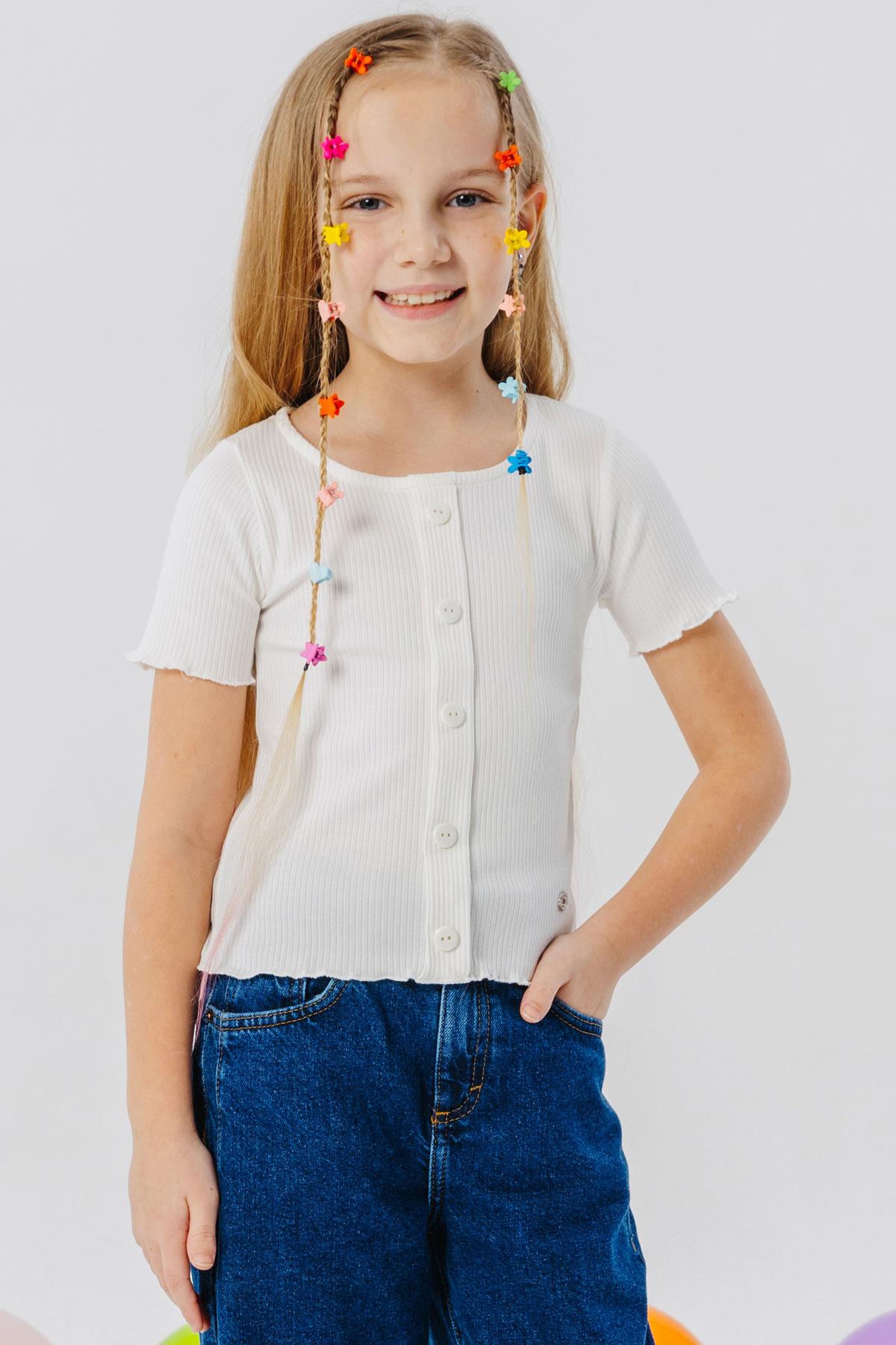 Breeze Kız Çocuk Tişört Düğme Aksesuarlı Ekru (8-14 Yaş)