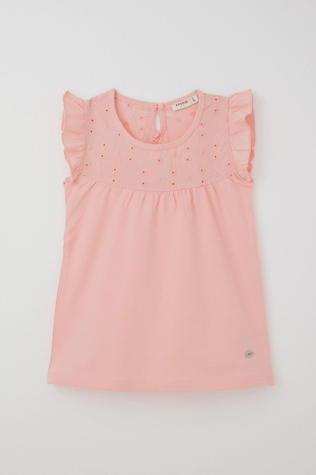 Breeze Kız Çocuk Tişört Fırfırlı Nakışlı Somon (4-8 Yaş)