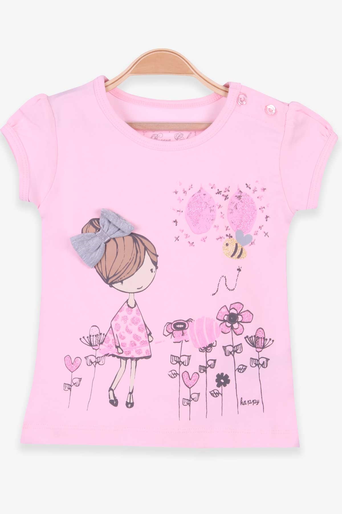 Breeze Kız Çocuk Tişört Fiyonklu Baskılı Pudra (1.5-5 Yaş)