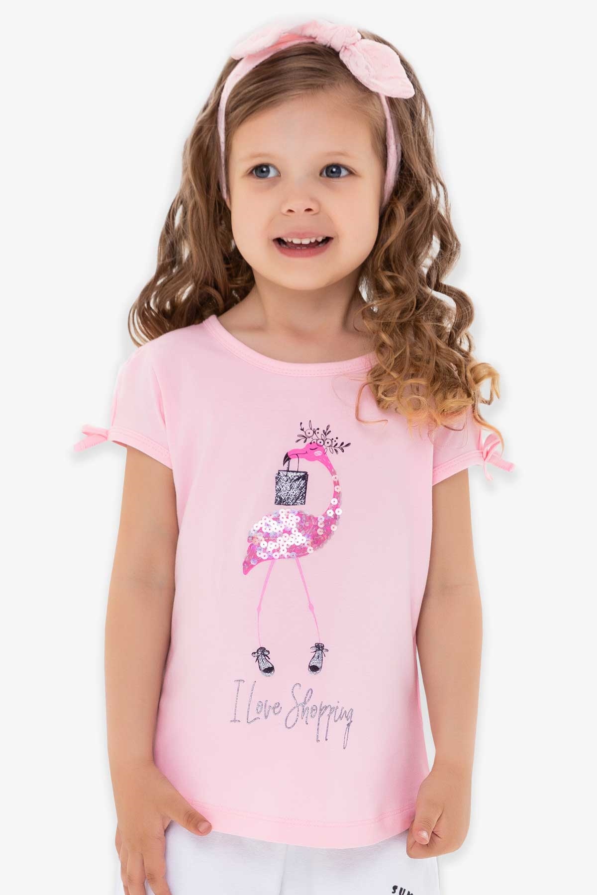 Breeze Kız Çocuk Tişört Flamingo Baskılı Pullu Nakışlı Pudra (2-6 Yaş)
