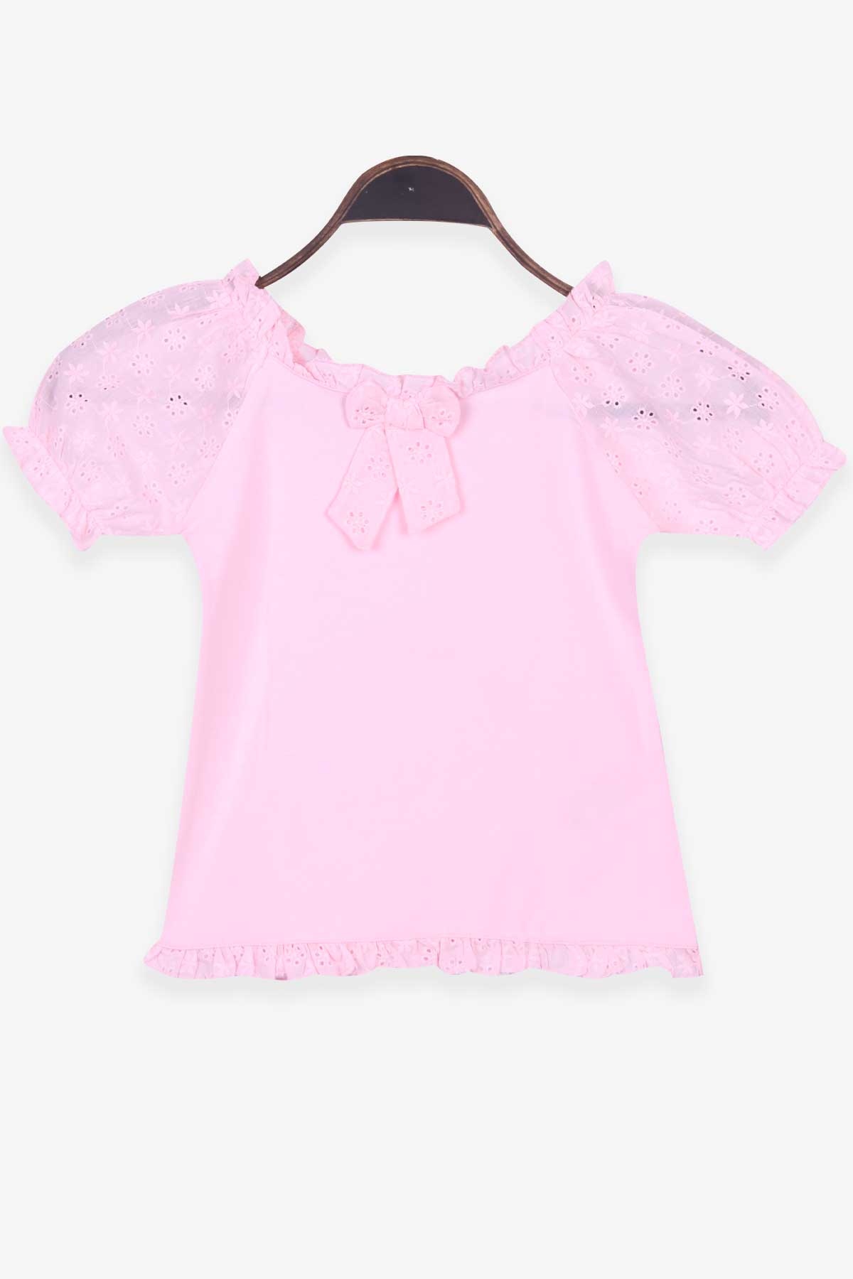 Breeze Kız Çocuk Tişört Güpürlü Fiyonklu Pudra (5-10 Yaş)