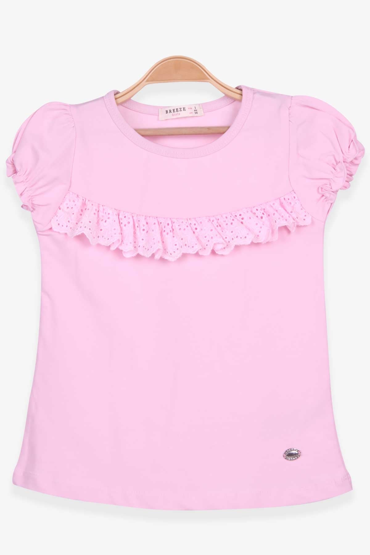 Breeze Kız Çocuk Tişört Güpürlü Kolları Lastikli Pudra (3-8 Yaş)