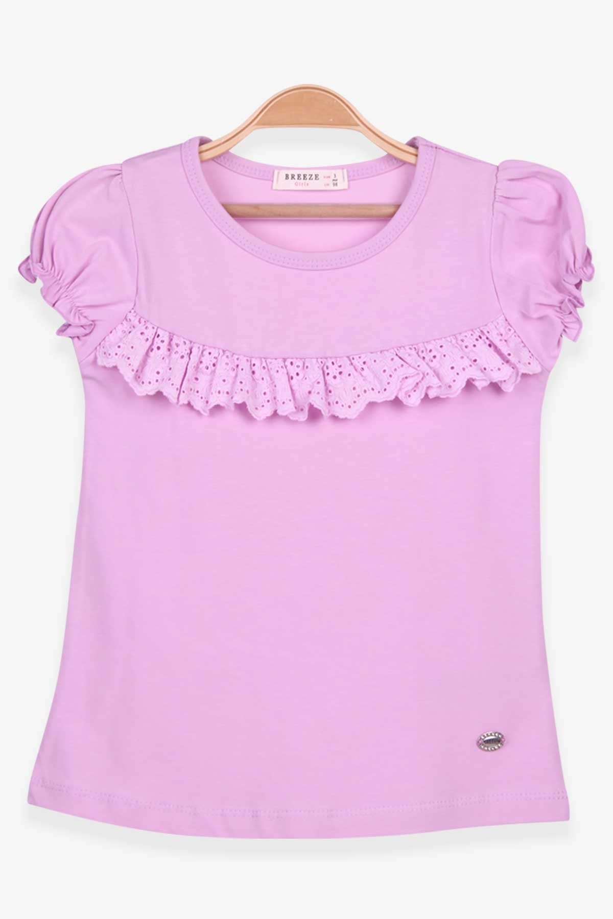 Breeze Kız Çocuk Tişört Güpürlü Kolları Lastikli Eflatun (3-8 Yaş)