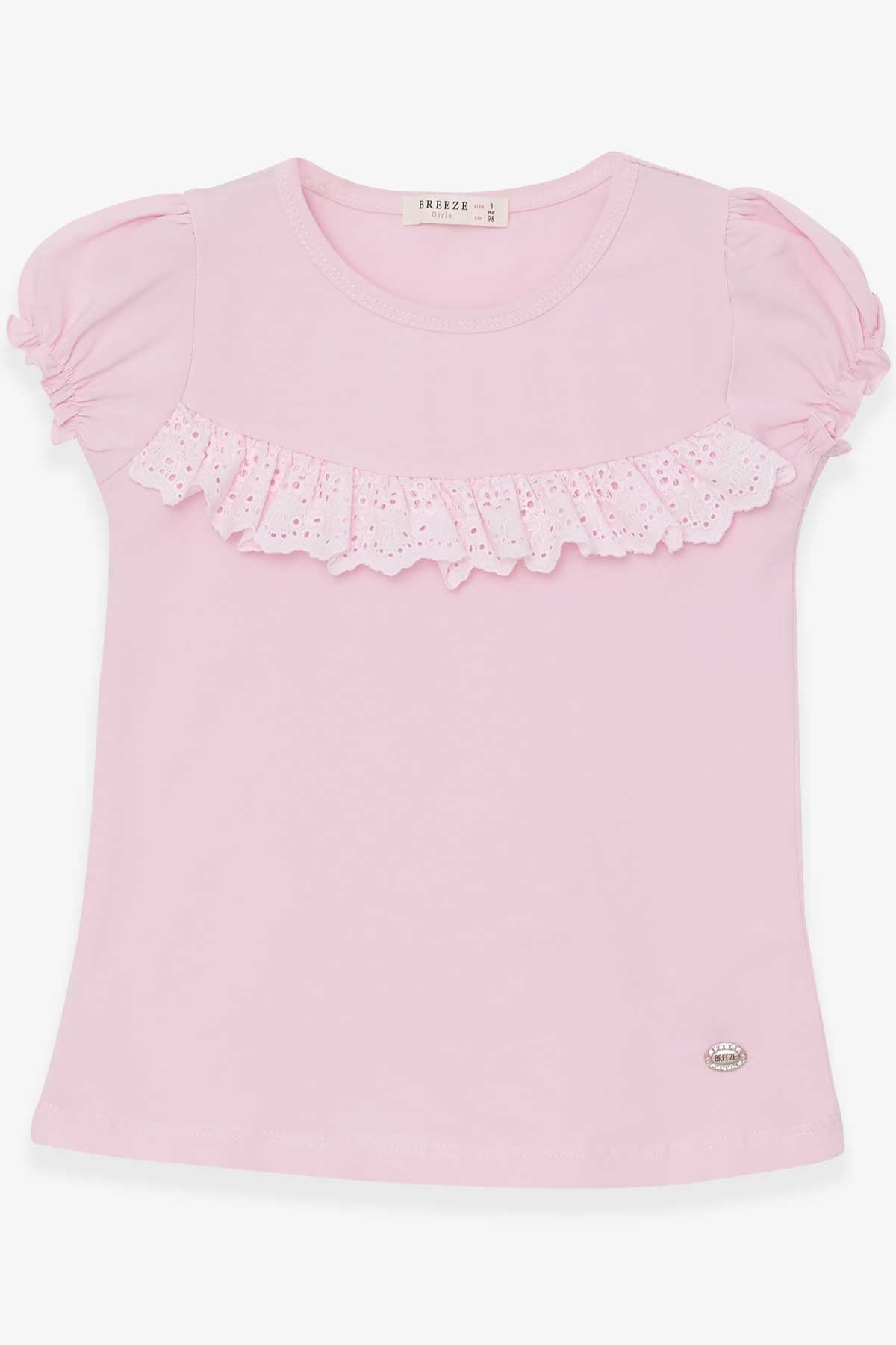 Breeze Kız Çocuk Tişört Güpürlü Kolları Lastikli Pudra (3-8 Yaş)