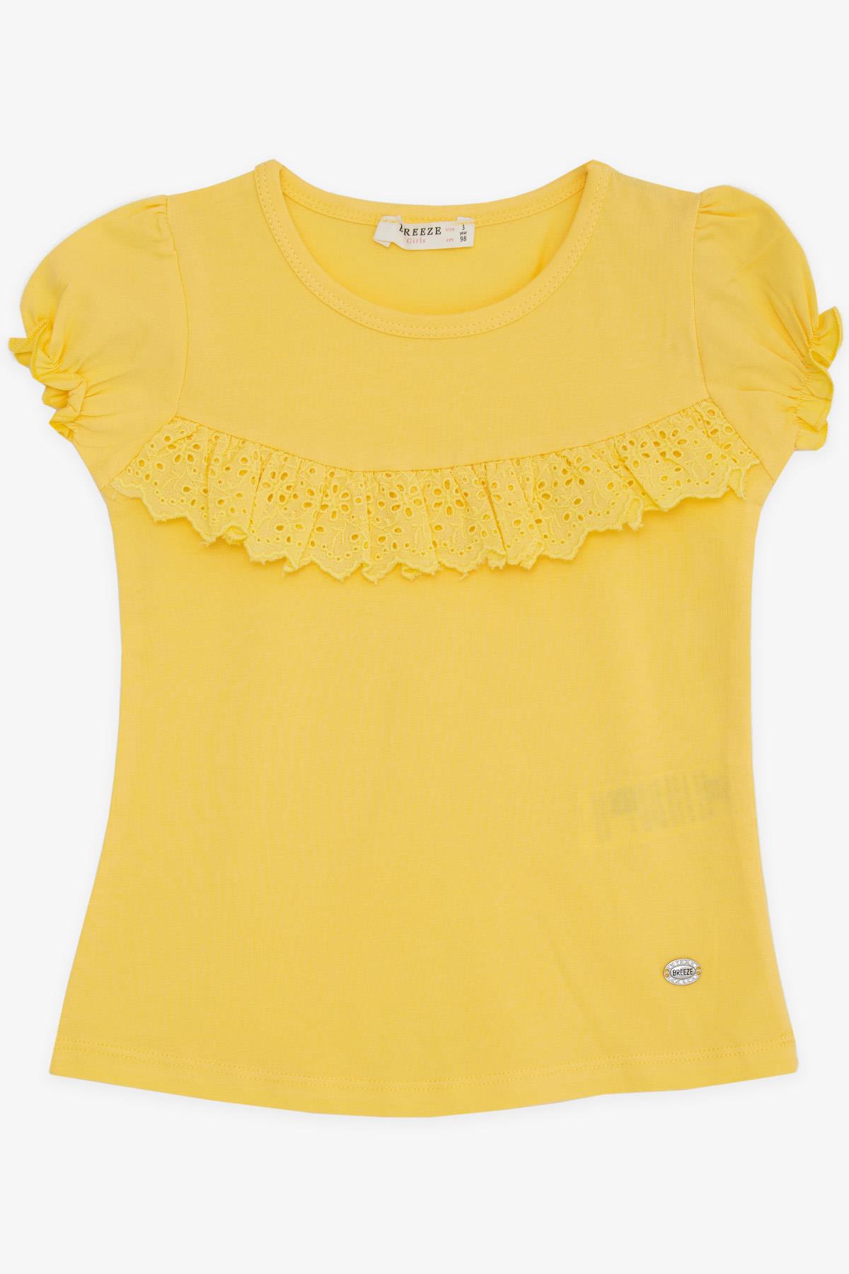 Breeze Kız Çocuk Tişört Güpürlü Kolları Lastikli Sarı (3-8 Yaş)