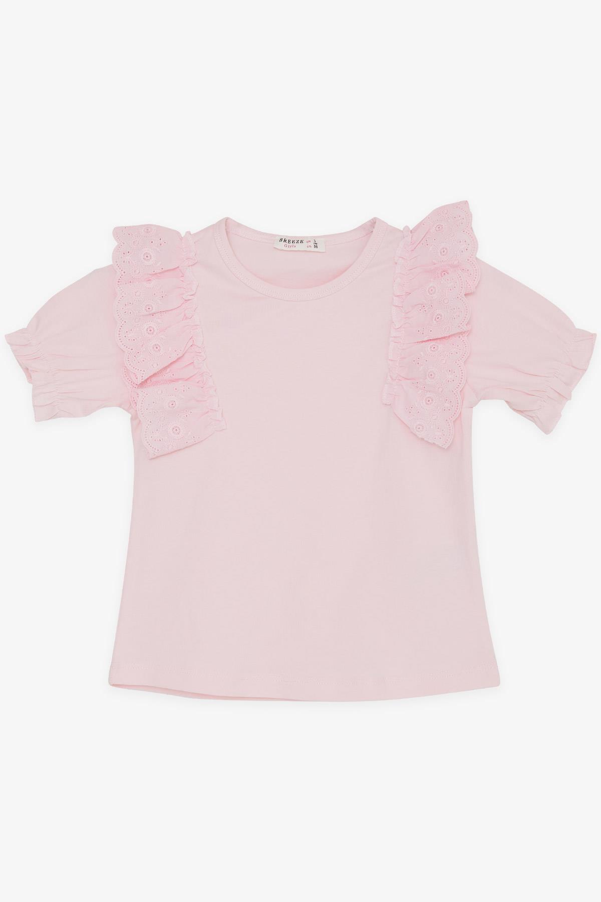 Breeze Kız Çocuk Tişört Güpürlü Nakışlı Kolları Lastikli Pembe (3-8 Yaş)