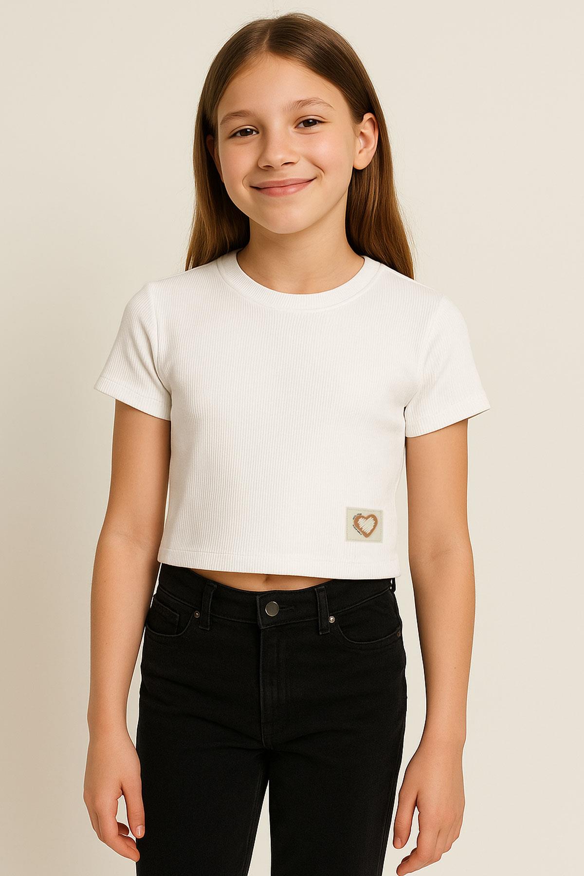 Breeze Kız Çocuk Tişört Kalp Armalı Ekru (9-14 Yaş)