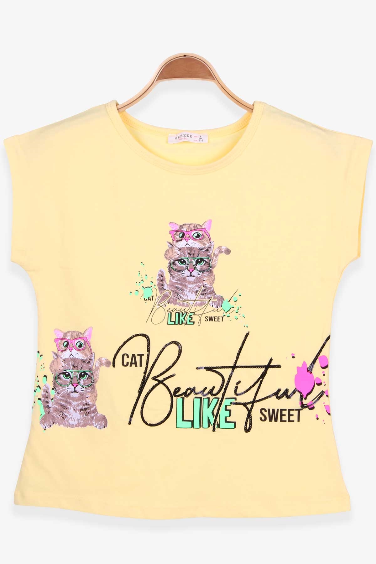 Breeze Kız Çocuk Tişört Kedi Baskılı Sarı (6-10 Yaş)