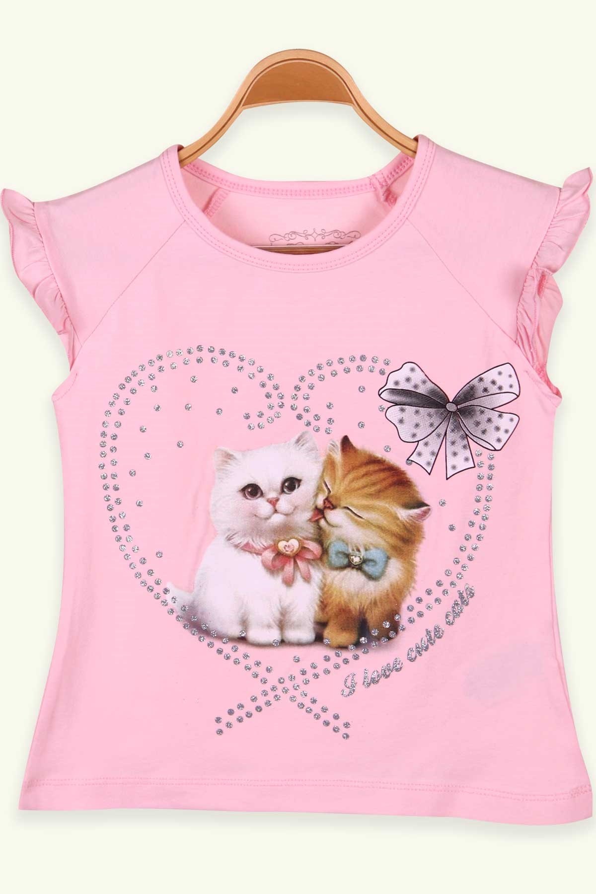 Breeze Kız Çocuk Tişört Kedi Baskılı Simli Pudra (3-8 Yaş)
