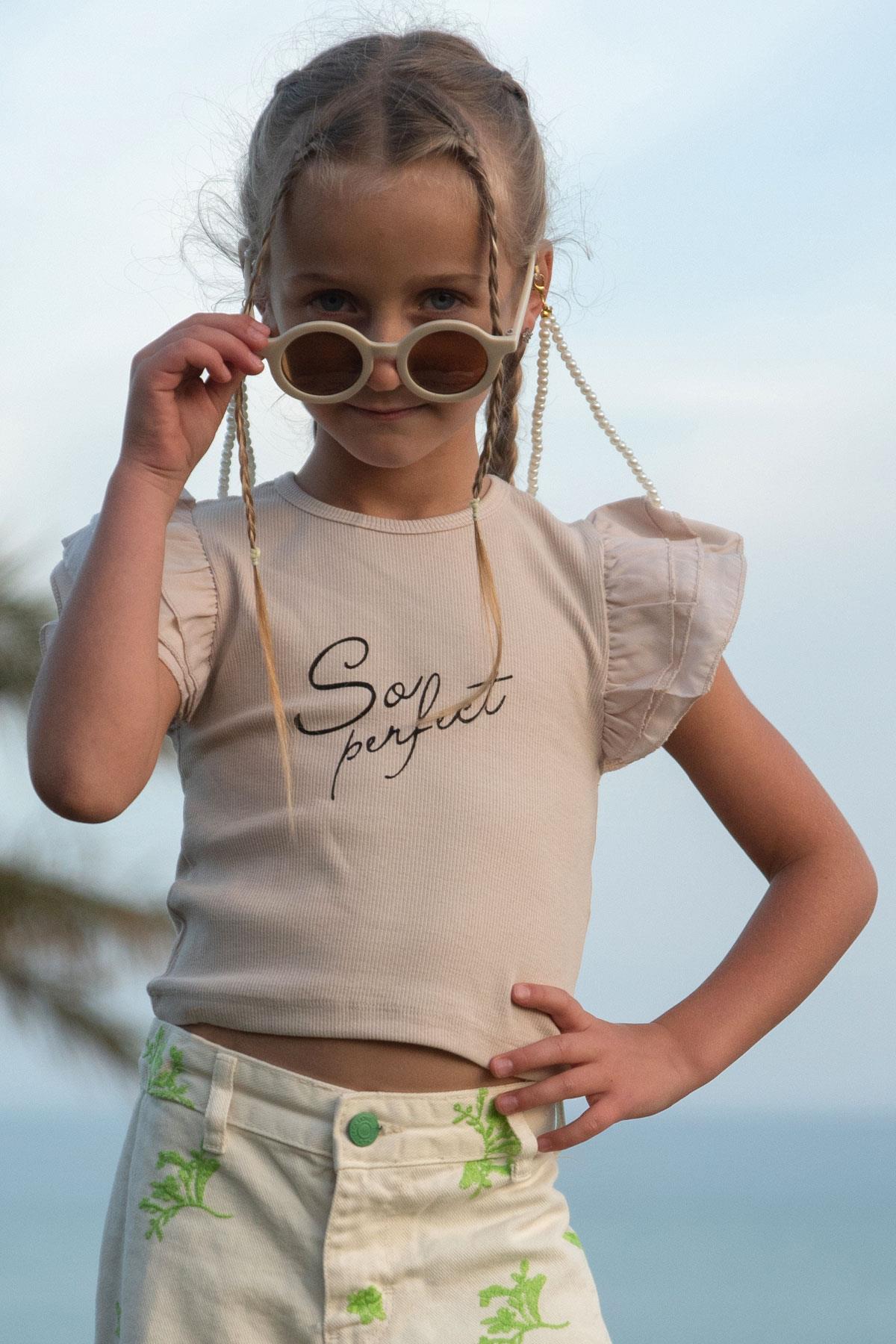 Breeze Kız Çocuk Tişört Kemer Boy Kolları Krep Kumaş Fırfırlı Bej (3-7 Yaş)