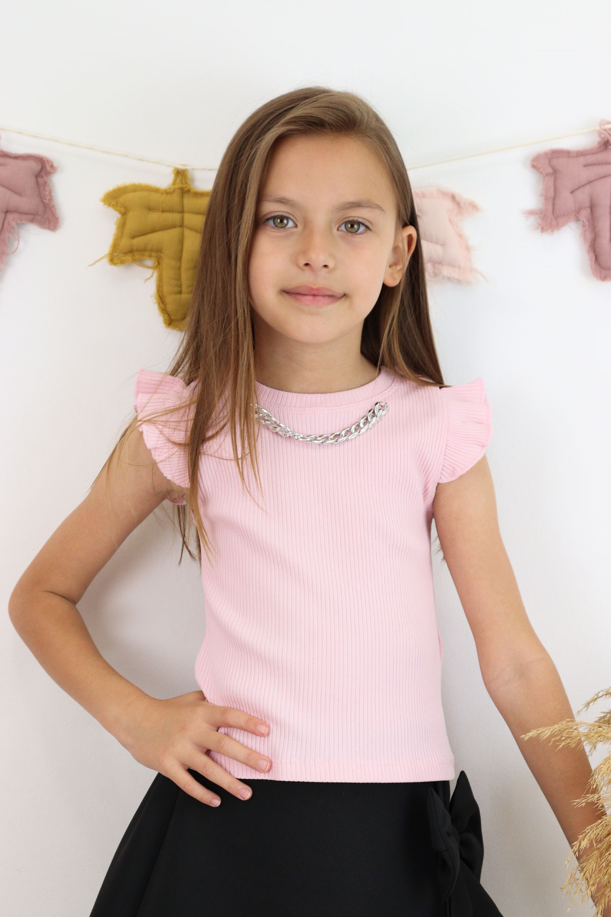 Breeze Kız Çocuk Tişört Kemer Boy Yakası Zincir Aksesuarlı Pembe (10-14 Yaş)
