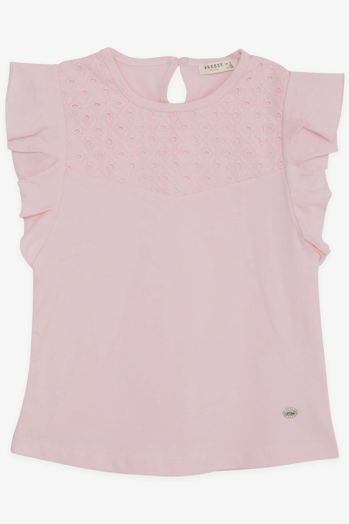 Breeze Kız Çocuk Tişört Kolları Fırfırlı Nakış Güpürlü Pembe (6-12 Yaş)