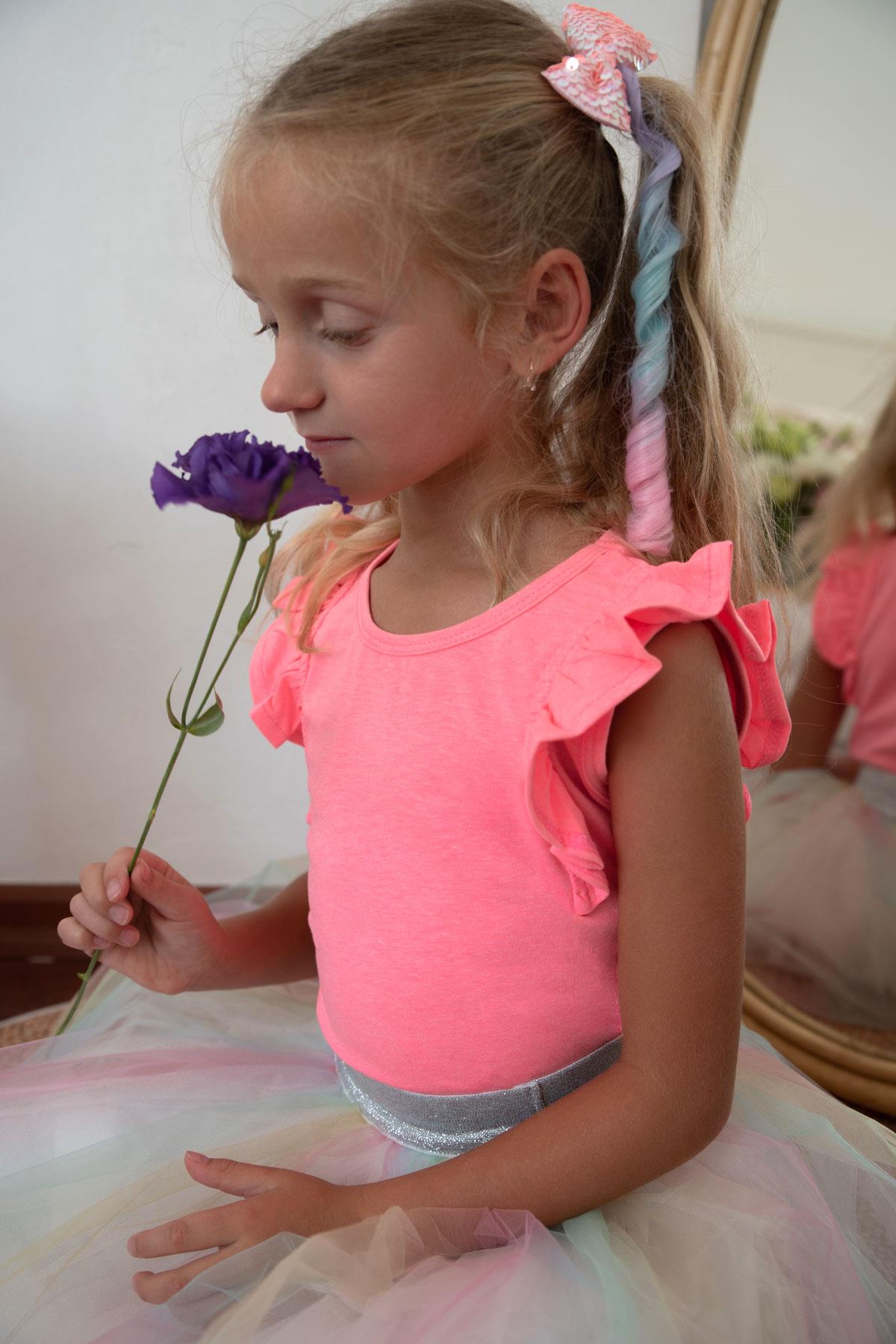 Breeze Kız Çocuk Tişört Kolları Fırfırlı Neon Pembe (3-5 Yaş)