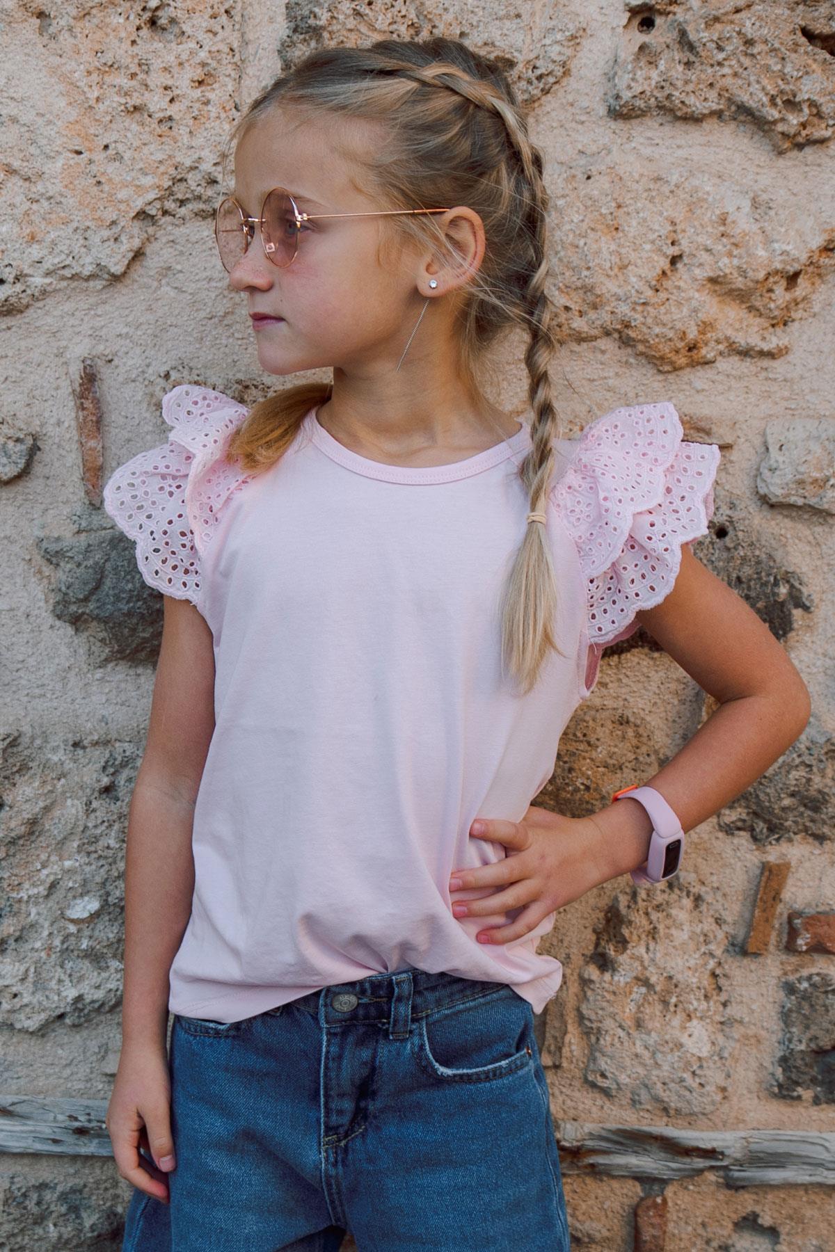 Breeze Kız Çocuk Tişört Kolları Güpürlü Nakışlı Pembe (3-6 Yaş)