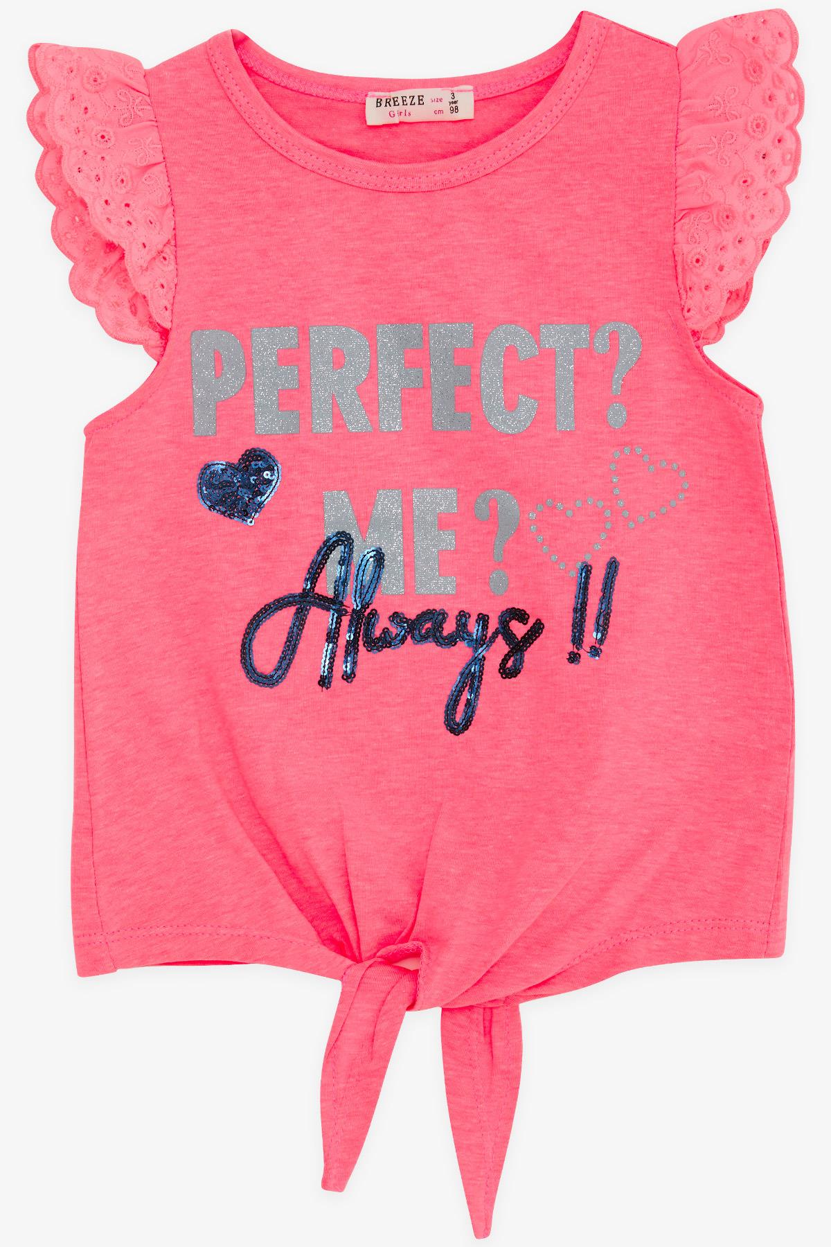 Breeze Kız Çocuk Tişört Kolları Güpürlü Neon Pembe (3-4 Yaş)