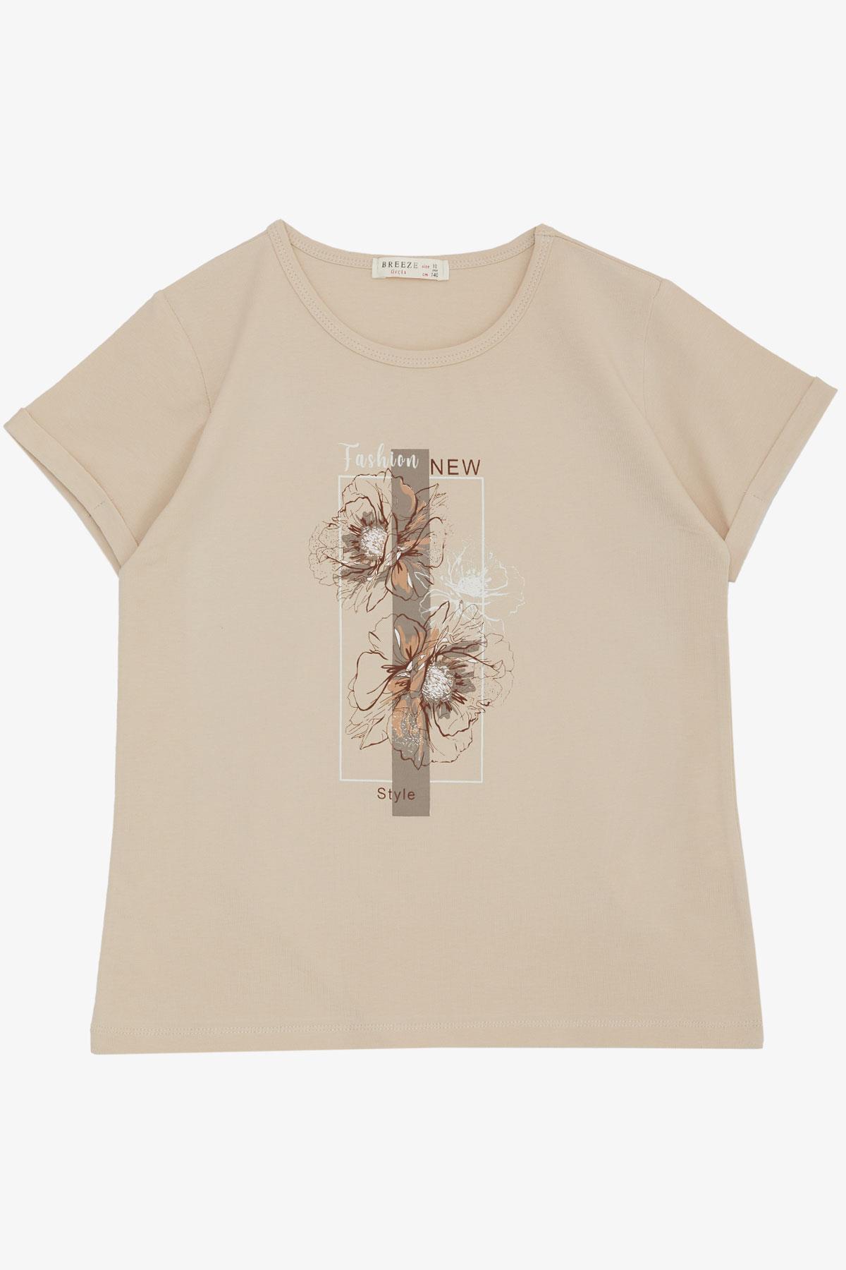 Breeze Kız Çocuk Tişört Moda Temalı Çiçek Baskılı Bej (10-16 Yaş)