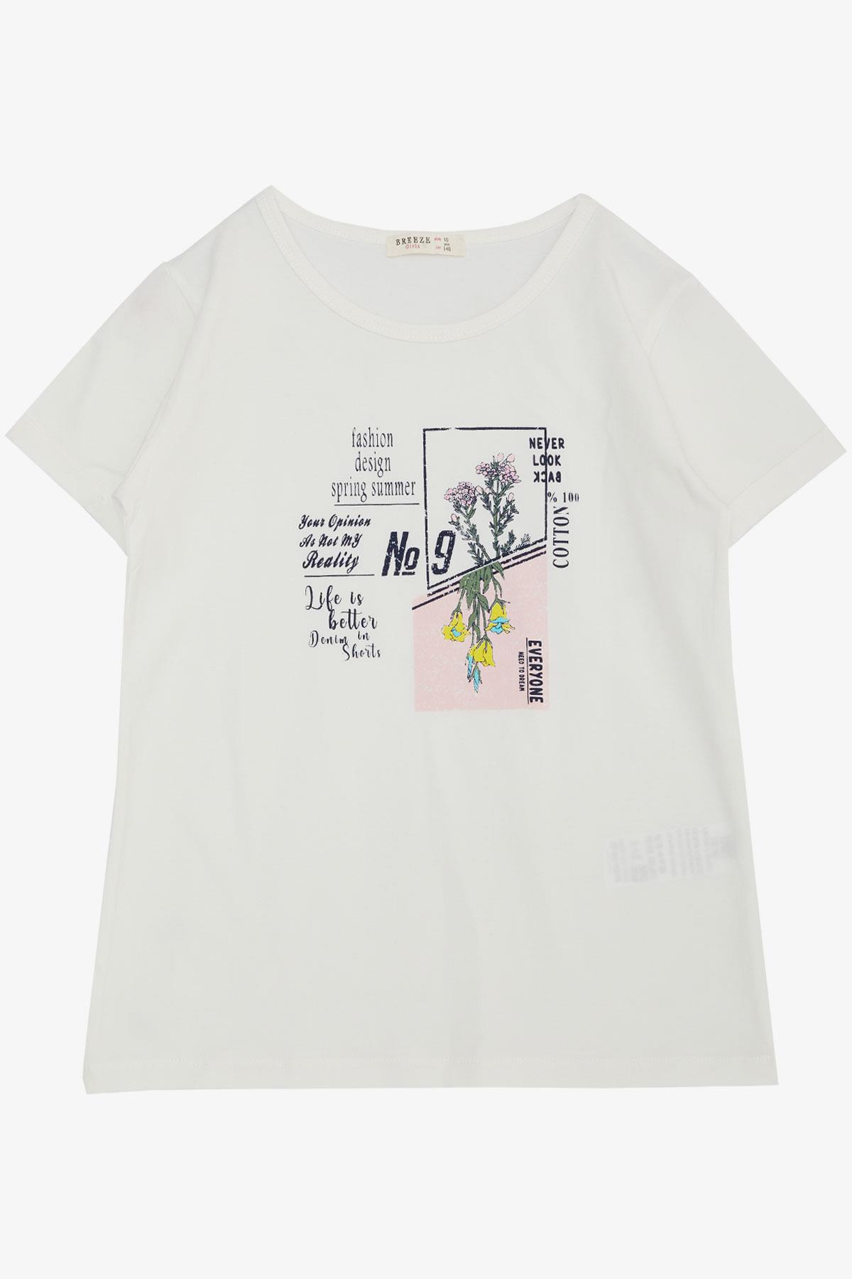 Breeze Kız Çocuk Tişört Moda Temalı Yazı & Renkli Çiçek Baskılı Ekru (10-14 Yaş)