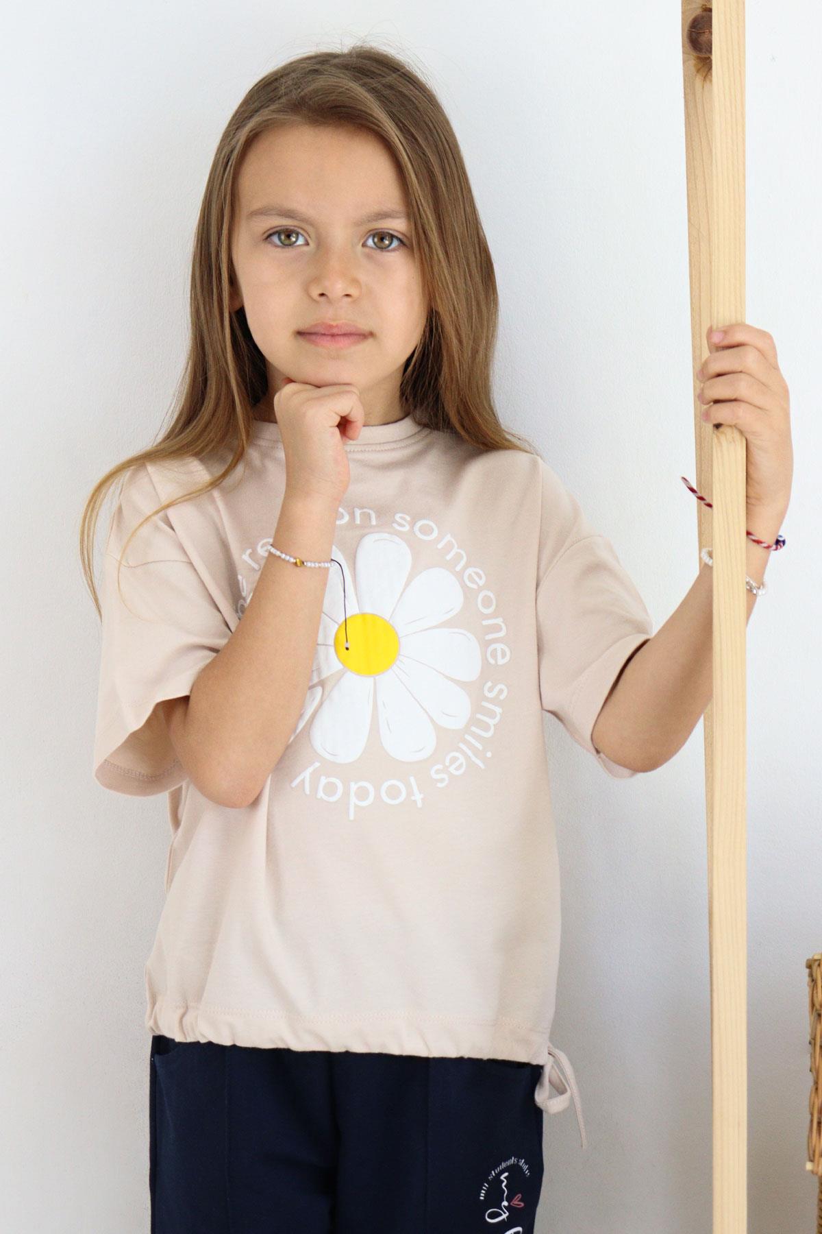 Breeze Kız Çocuk Tişört Papatya Baskılı Bej (7-12 Yaş)