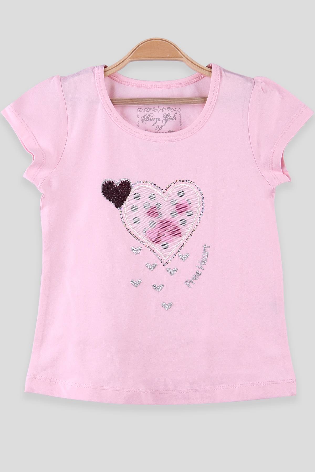 Breeze Kız Çocuk Tişört Pul Kalp İşlemeli Pembe (3-8 Yaş)