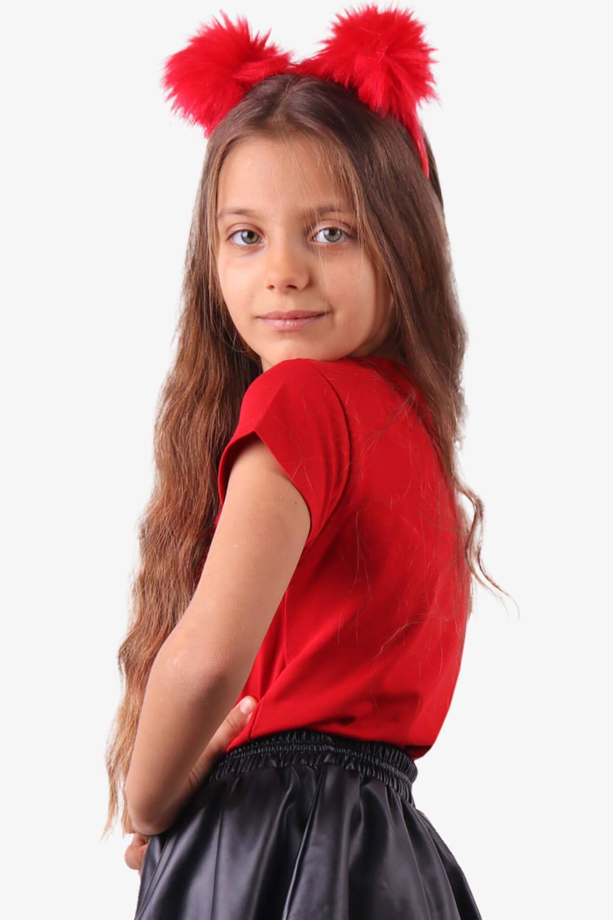 Kız Çocuk Tişört Pullu Kırmızı Ay Yıldızlı 3-14 Yaş