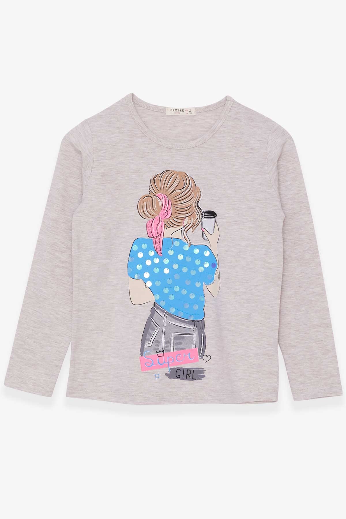 Breeze Kız Çocuk Tişört Pullu Kız Baskılı Bej Melanj (9-14 Yaş)