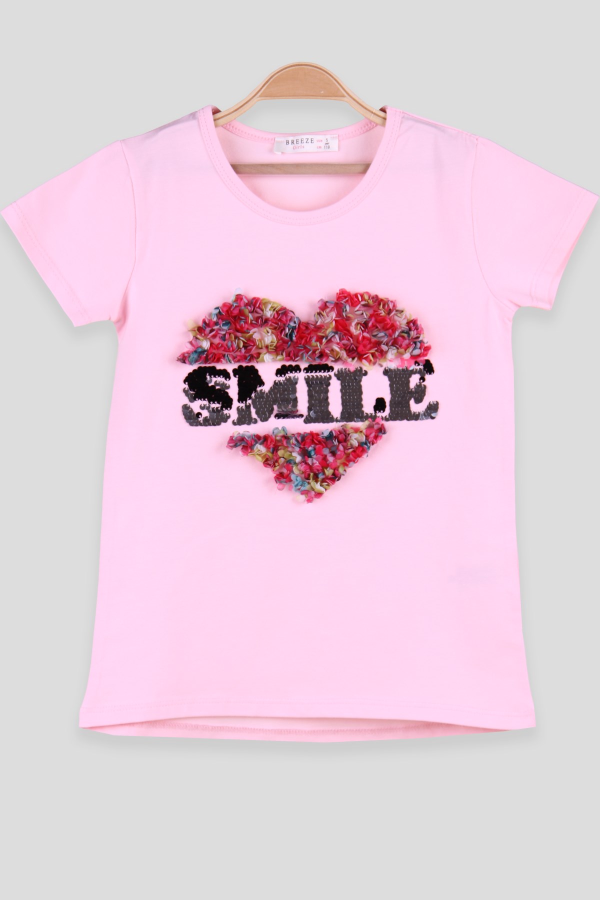 Breeze Kız Çocuk Tişört Pullu Smıle İşlemeli Pembe (5-10 Yaş)