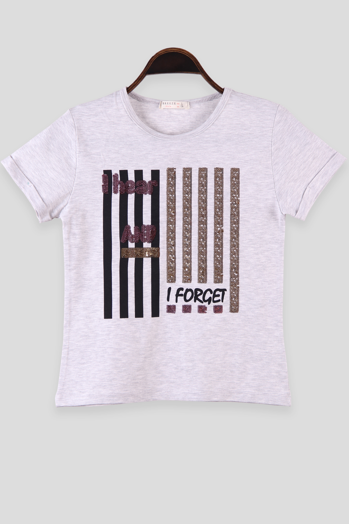 Breeze Kız Çocuk Tişört Pullu Yazılı Forget Gri (8-14 Yaş)