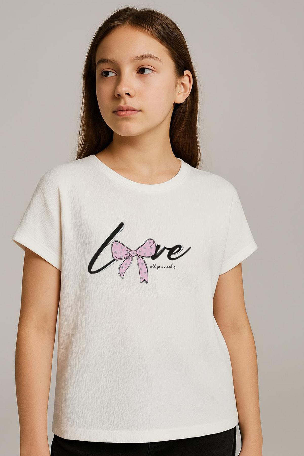 Breeze Kız Çocuk Tişört Sevgi Temalı Yazı Baskılı Simli Ekru (9-14 Yaş)
