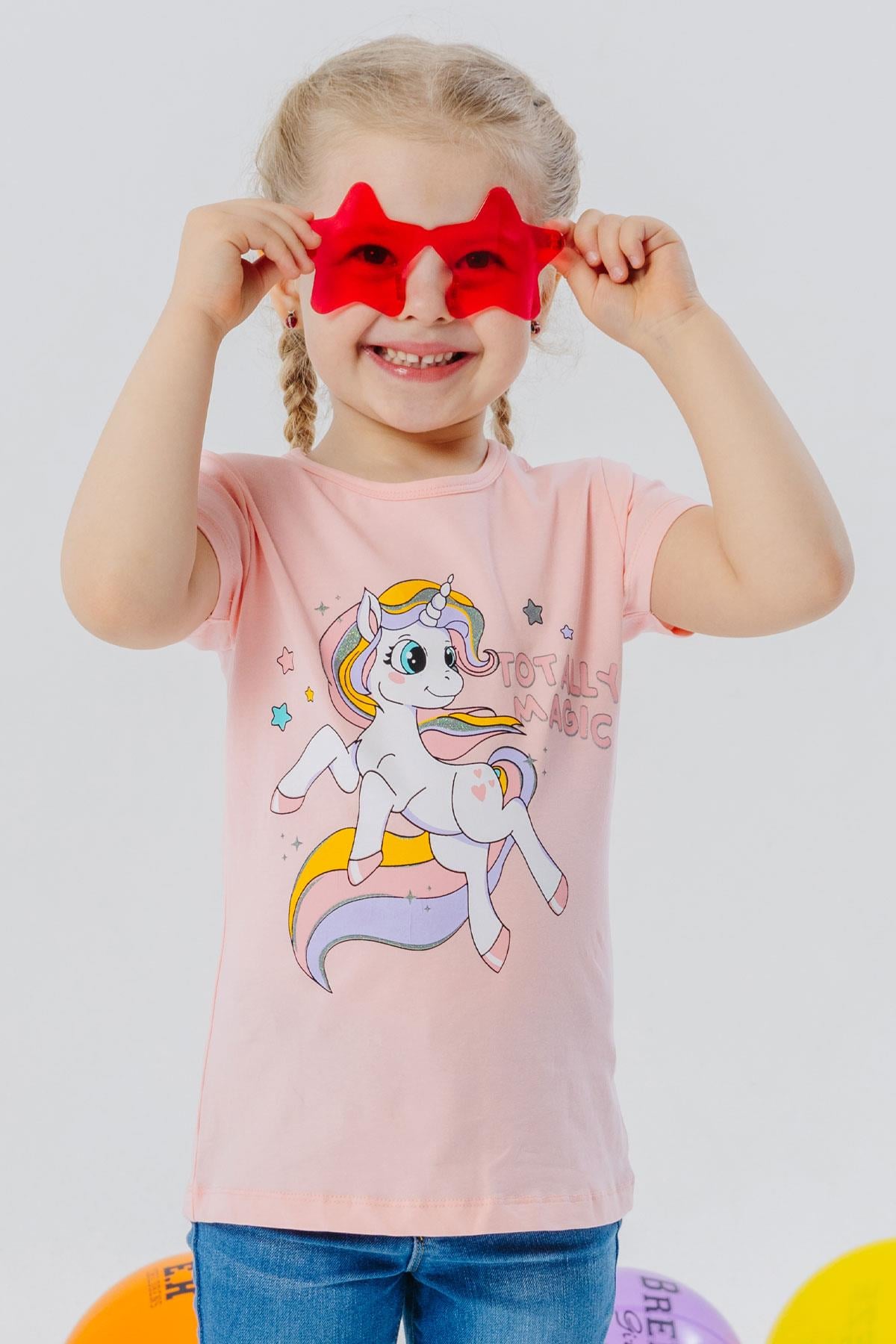 Breeze Kız Çocuk Tişört Sihirli Unicorn Baskılı Somon (1.5-5 Yaş)