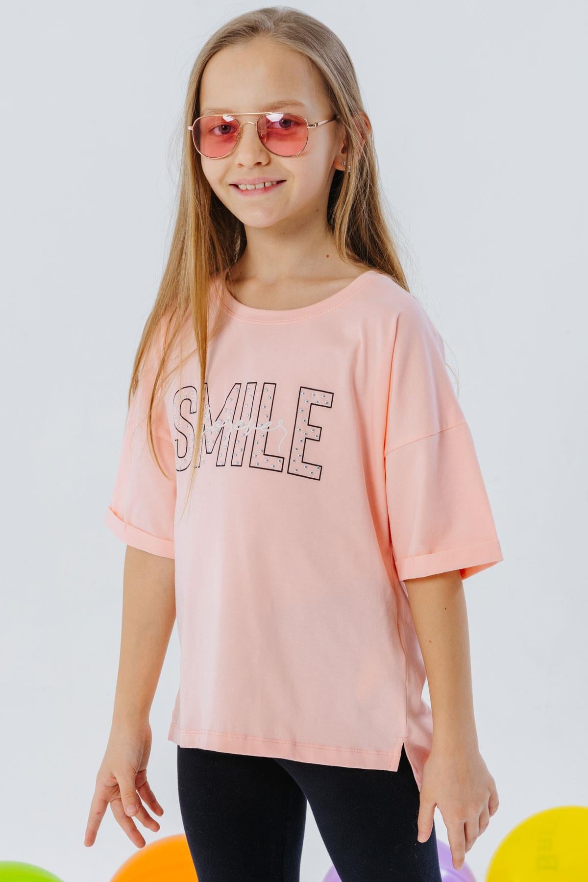 Breeze Kız Çocuk Tişört Smile Yazı Baskılı Taşlı Somon (9-16 Yaş)