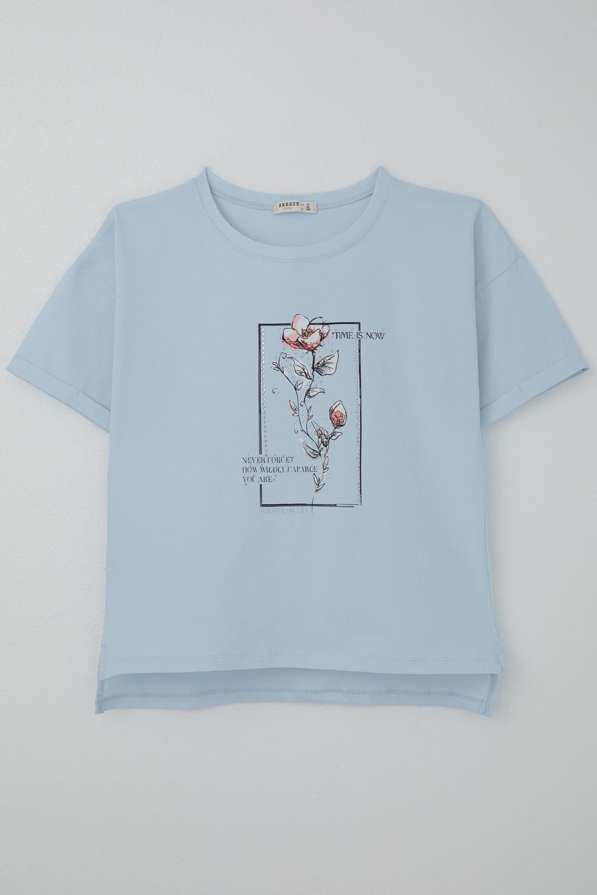 Breeze Kız Çocuk Tişört Taş Aksesuarlı Çiçek Baskılı Açık Mavi (9-16 Yaş)
