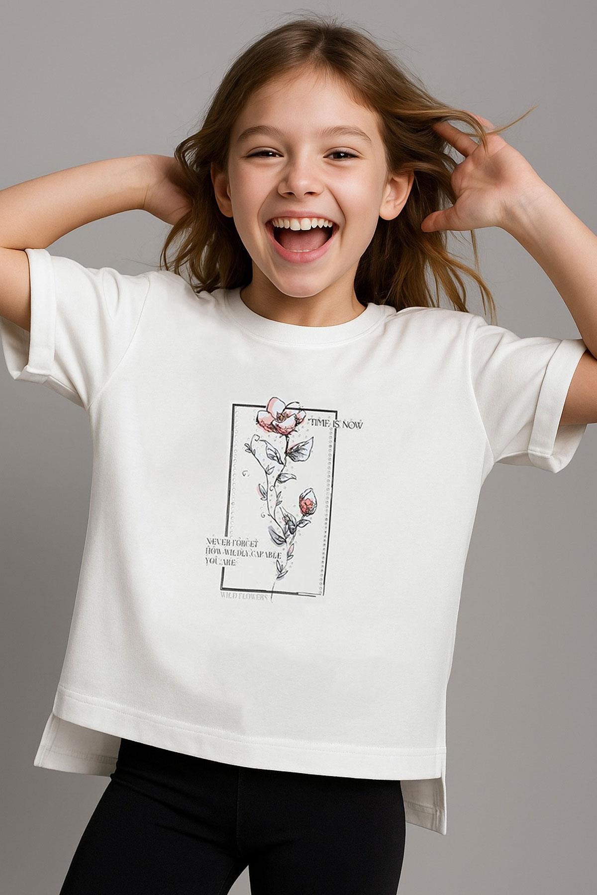 Breeze Kız Çocuk Tişört Taş Aksesuarlı Çiçek Baskılı Ekru (9-16 Yaş)