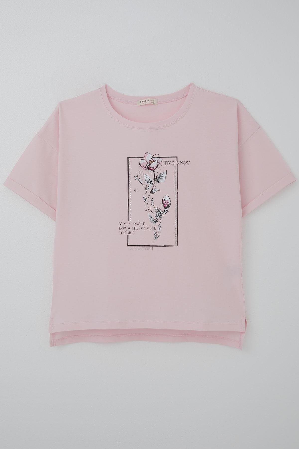 Breeze Kız Çocuk Tişört Taş Aksesuarlı Çiçek Baskılı Pembe (9-16 Yaş)