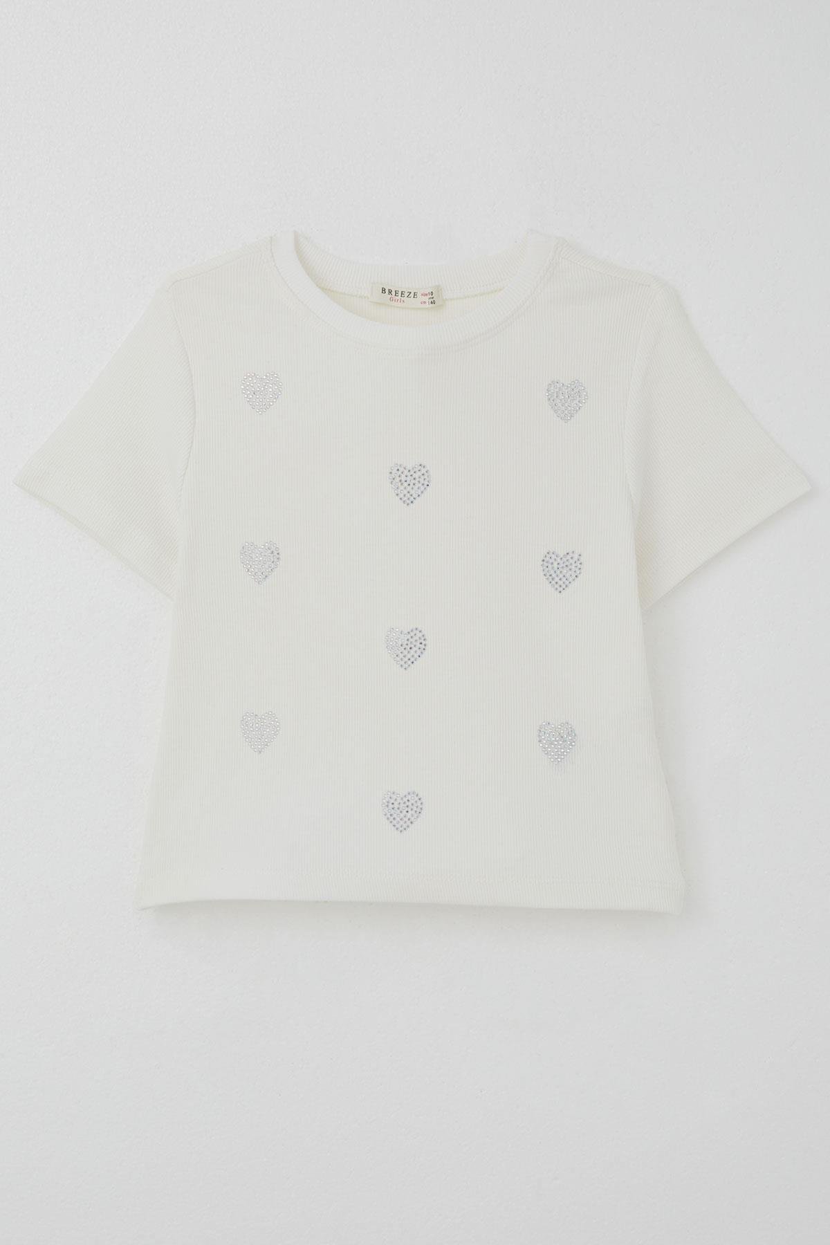 Breeze Kız Çocuk Tişört Taşlı Kalp Desenli Ekru (9-14 Yaş)