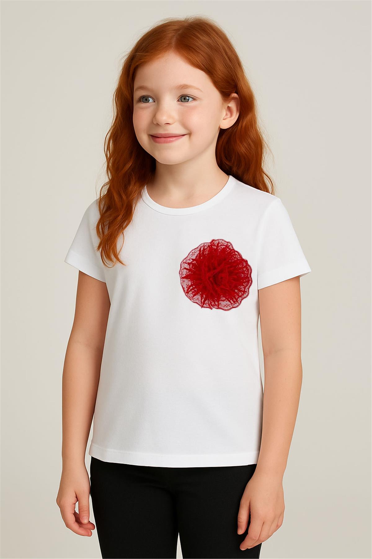 Breeze Kız Çocuk Tişört Tül Çiçek Aksesuarlı Beyaz (5-10 Yaş)
