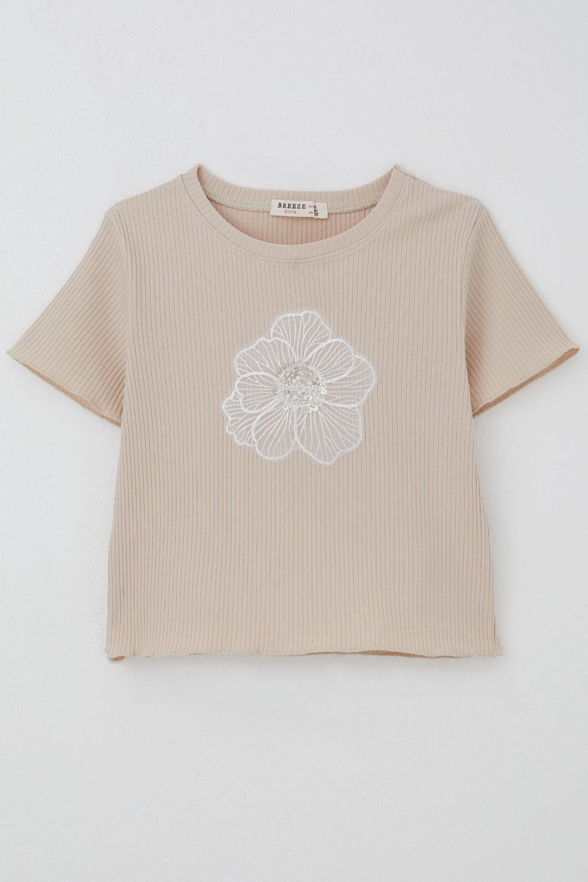 Breeze Kız Çocuk Tişört Tül Çiçek Armalı Boncuk Aksesuarlı Kemer Boy Bej (8-14 Yaş)
