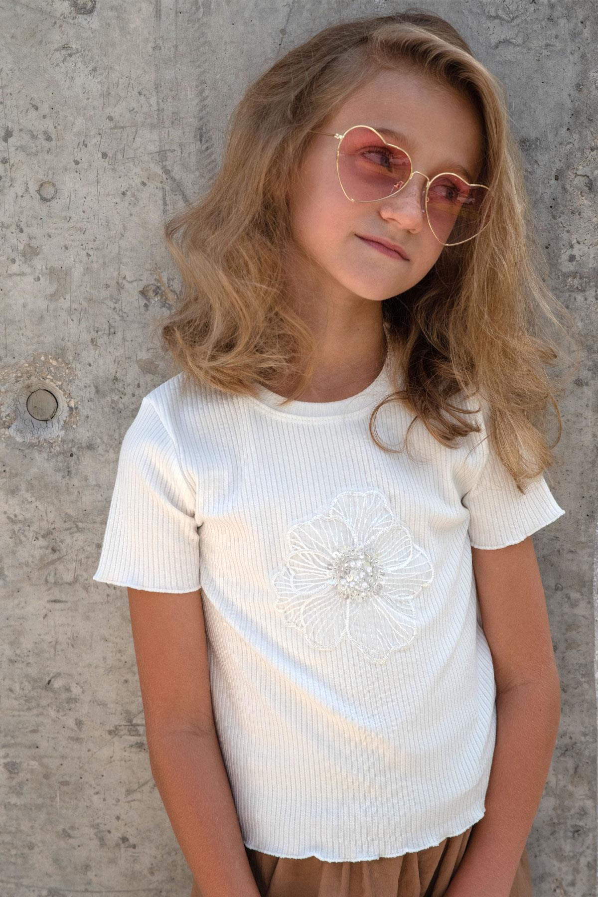 Breeze Kız Çocuk Tişört Tül Çiçek Armalı Boncuk Aksesuarlı Kemer Boy Ekru (8-14 Yaş)