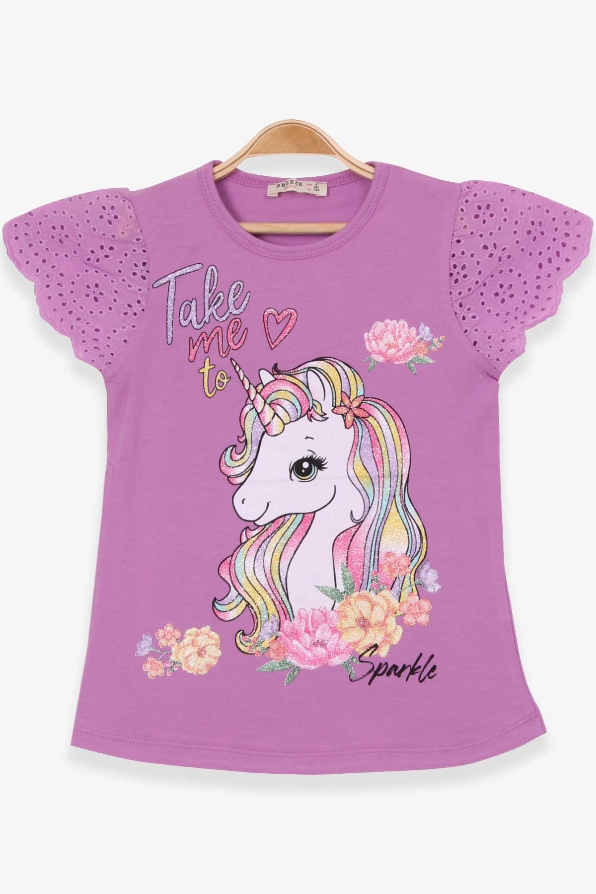 Breeze Kız Çocuk Tişört Unicorn Baskılı Kolu Dantelli Eflatun (4 Yaş)