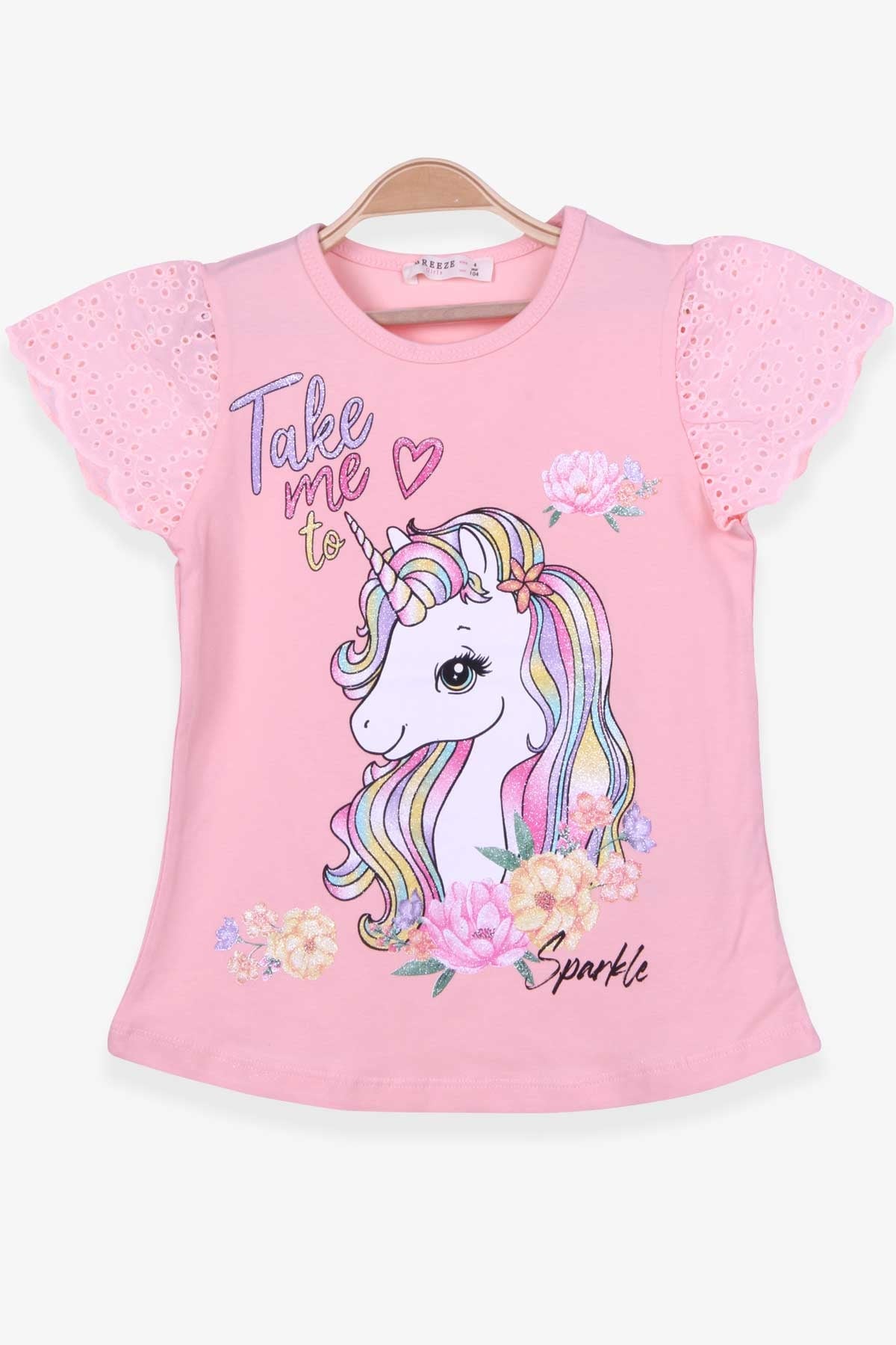 Breeze Kız Çocuk Tişört Unicorn Baskılı Kolu Dantelli Somon (4-9 Yaş)